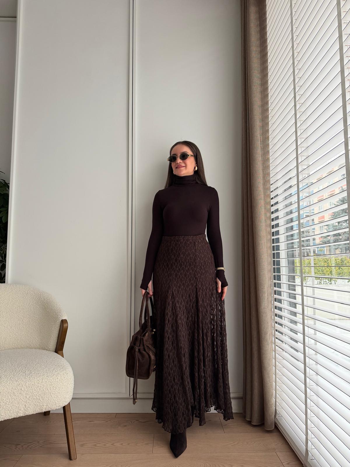Kahve rengi Dantelli Volanlı Etek 37120