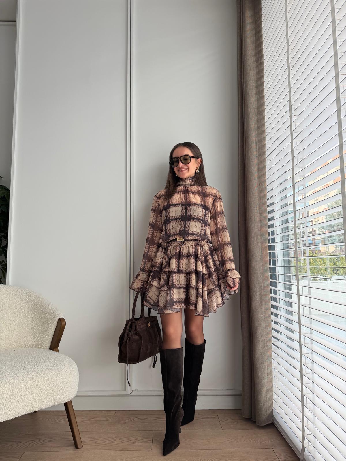 Kahve rengi Desenli Volanlı Mini Boy Şifon Elbise 0989