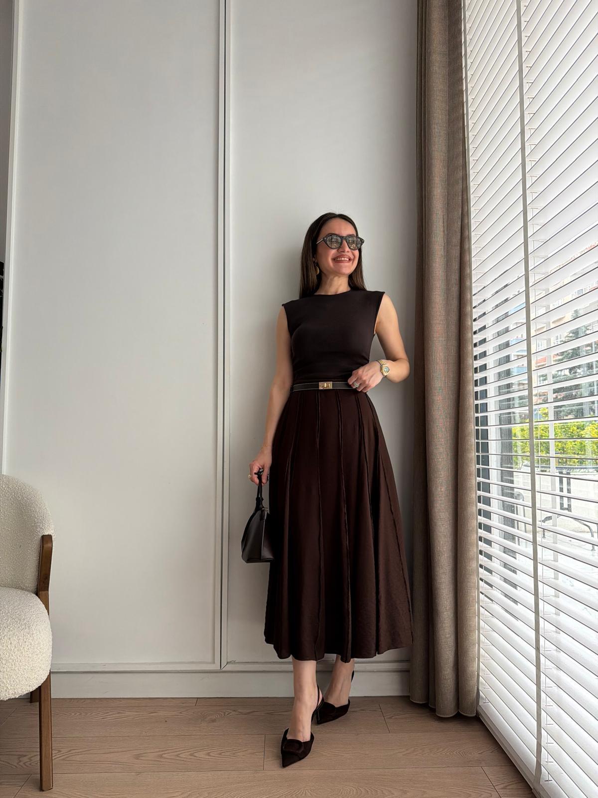 Kahve rengi Dikiş Detaylı Parçalı Etek 580257