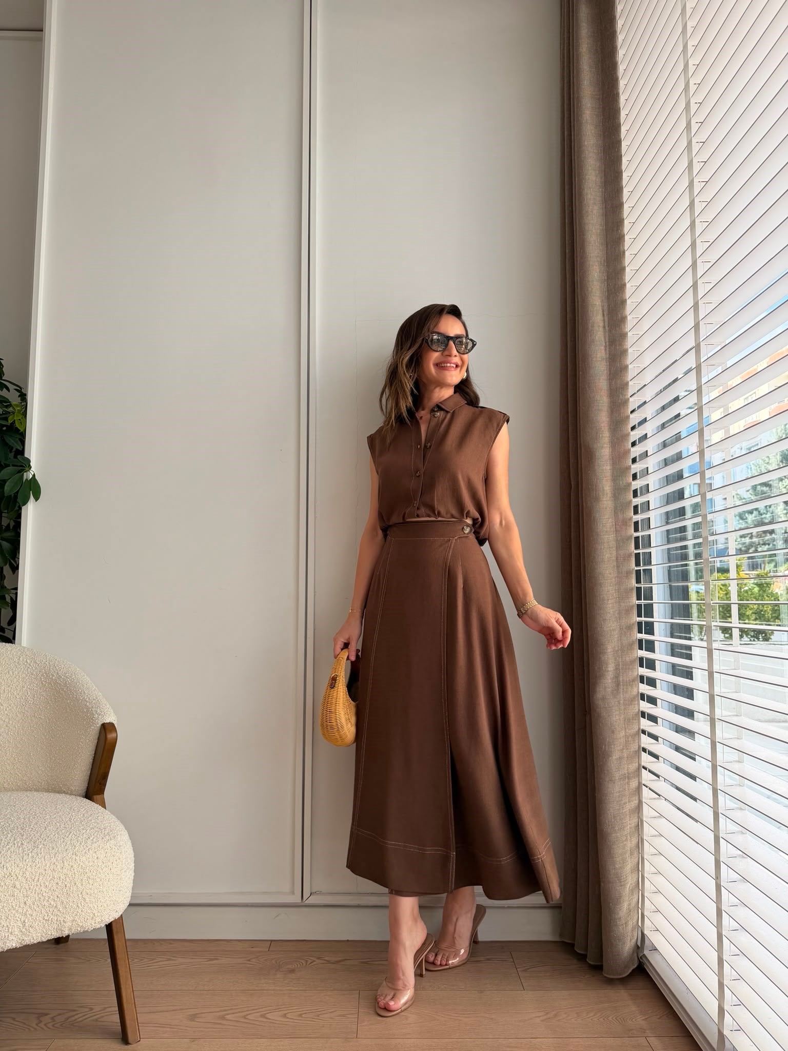 Kahve rengi Dikişli Keten Takım 0088