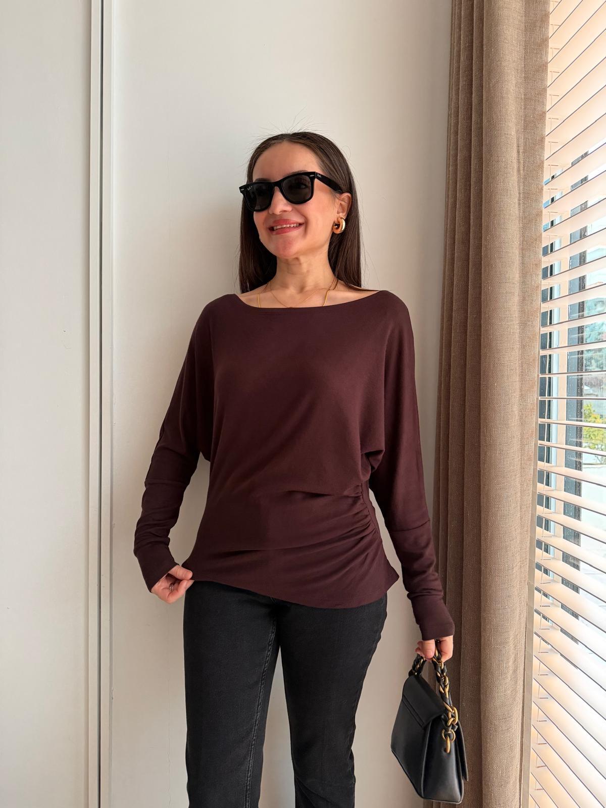 Kahve rengi Drape Detaylı Yarasa Kol Bluz 251077