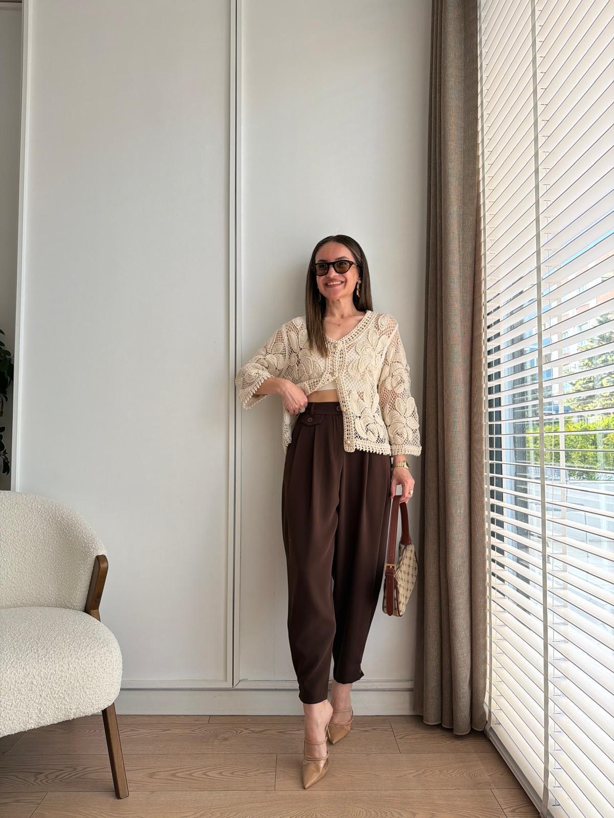Kahve rengi Düğme Detaylı Pantolon 1436