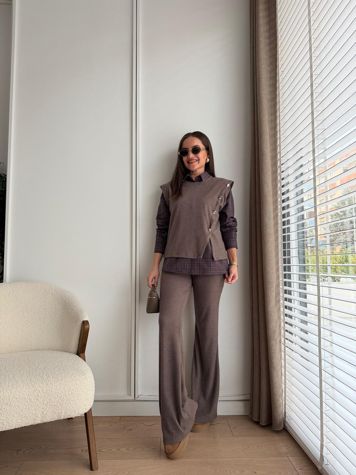 Kahve rengi Düğme Detaylı Yumoş Üçlü Takım 36602