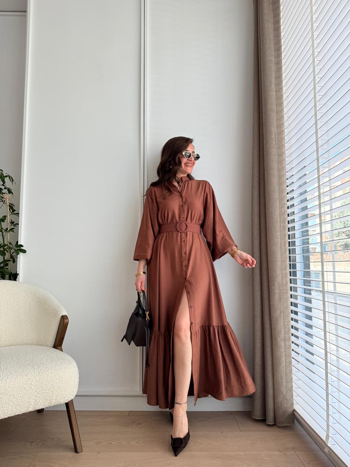 Kahve rengi Düğmeli Kemer Detaylı Elbise 517