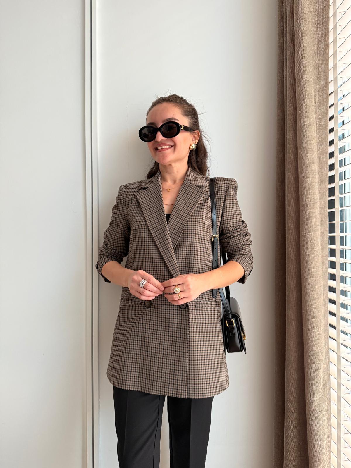 Kahve rengi Ekose Desen Astarlı Blazer Ceket 5174
