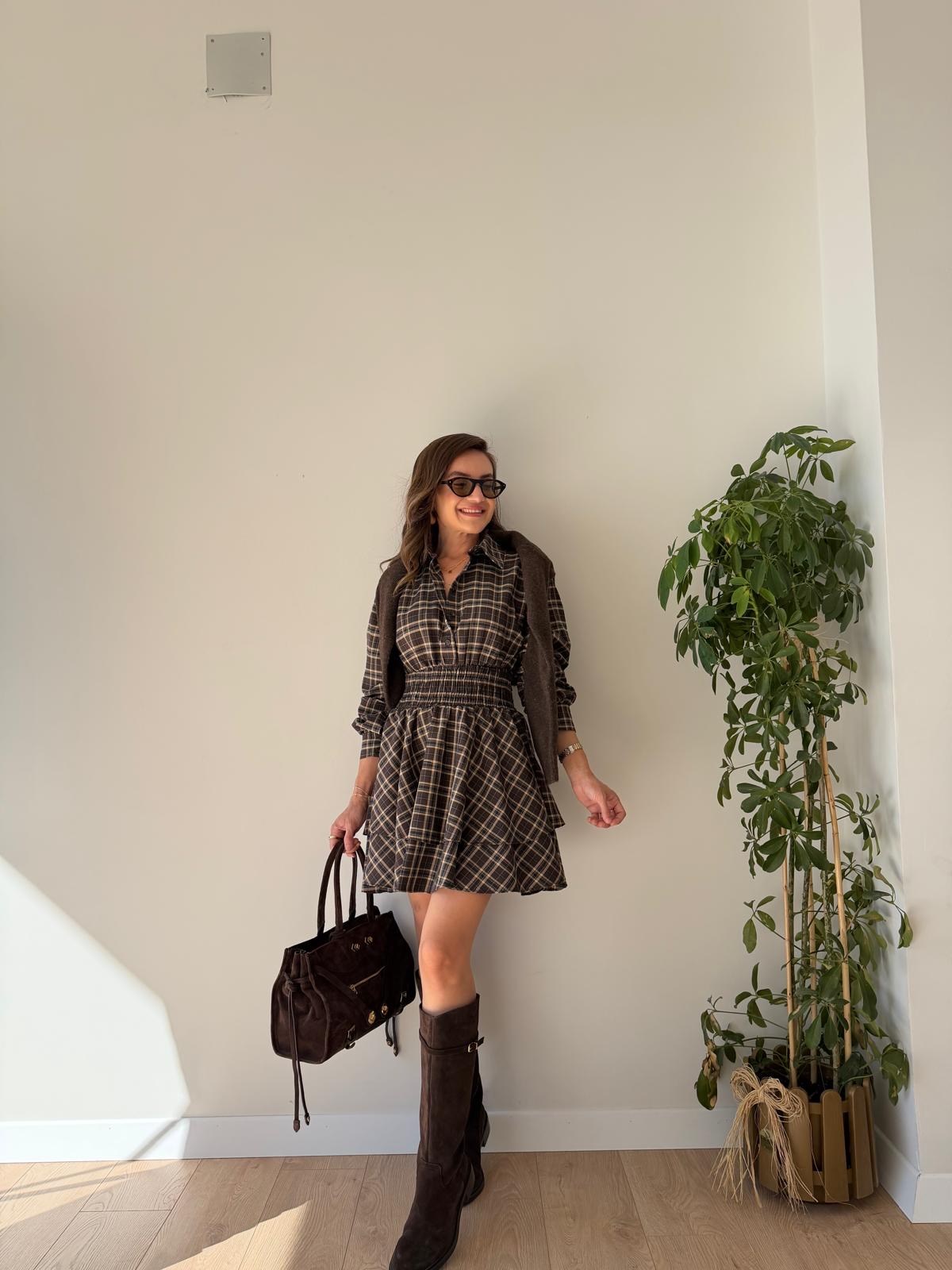Kahve rengi Ekose Desen Beli Lastikli Elbise 02579