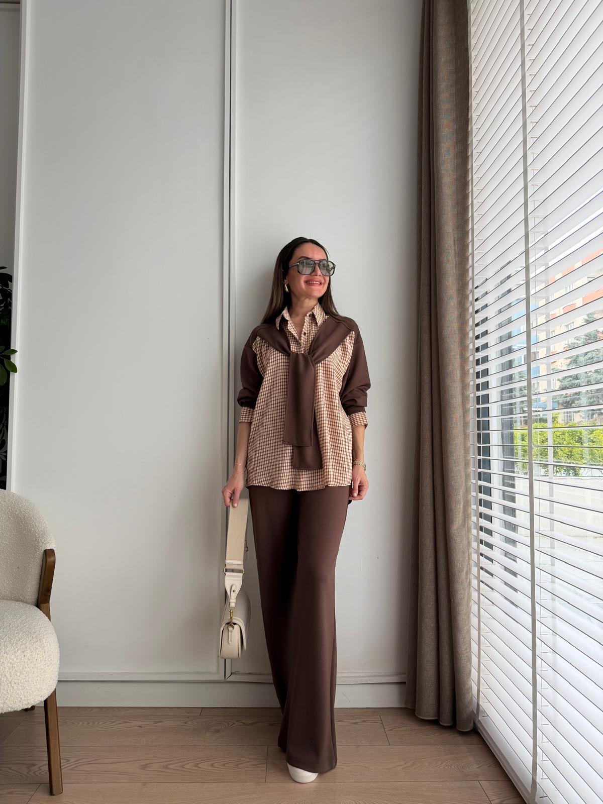 Kahve rengi Ekose Desen Yaka Bağlamalı Takım 2859