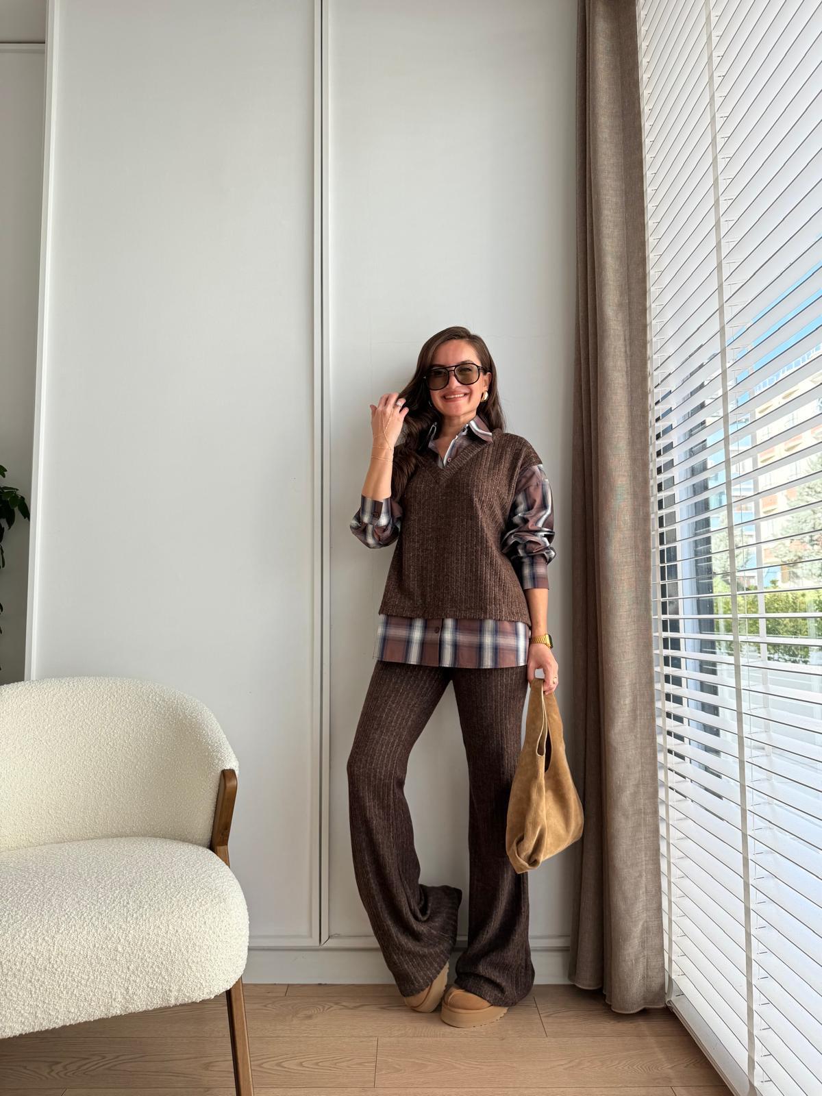 Kahve rengi Ekose Detaylı Fitilli Takım 36596