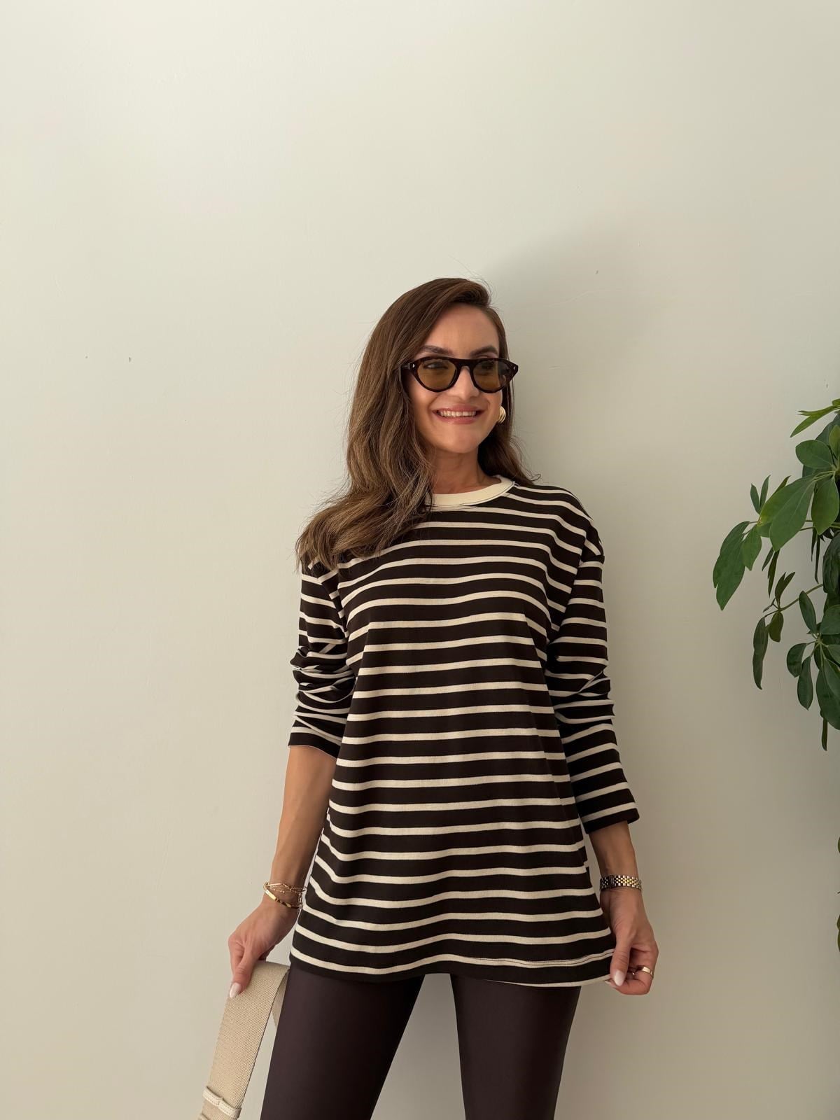 Kahve rengi Ekru Çizgili Basic Sweatshirt 261147
