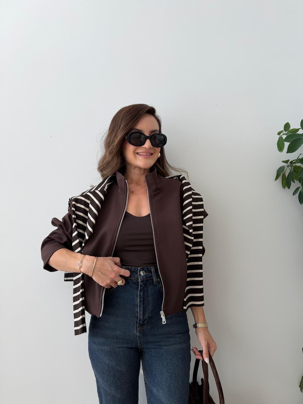 Kahve rengi Fermuarlı Bel Lastikli Ceket 6393