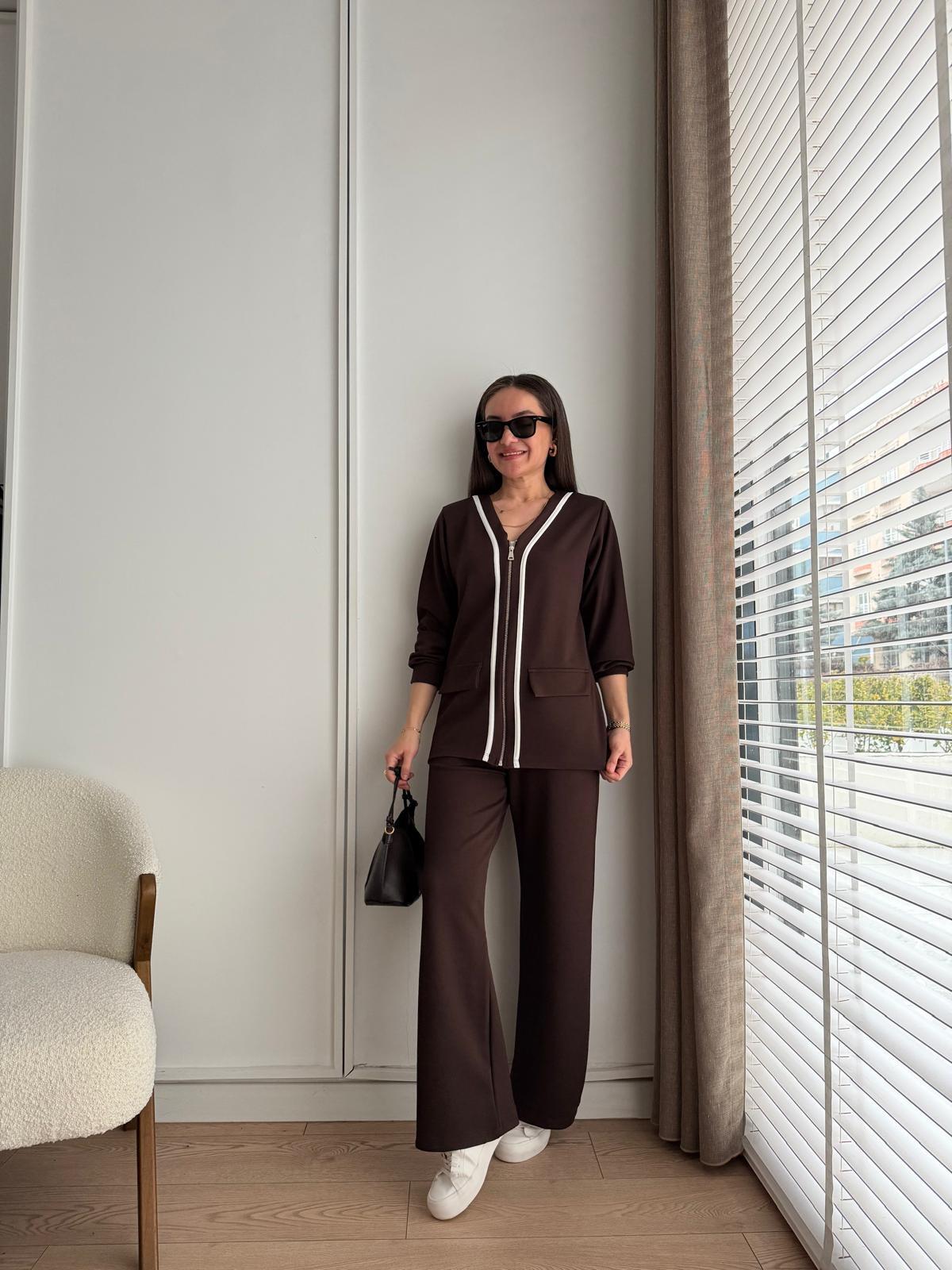 Kahve rengi Fermuarlı Biye Detaylı Takım 2349