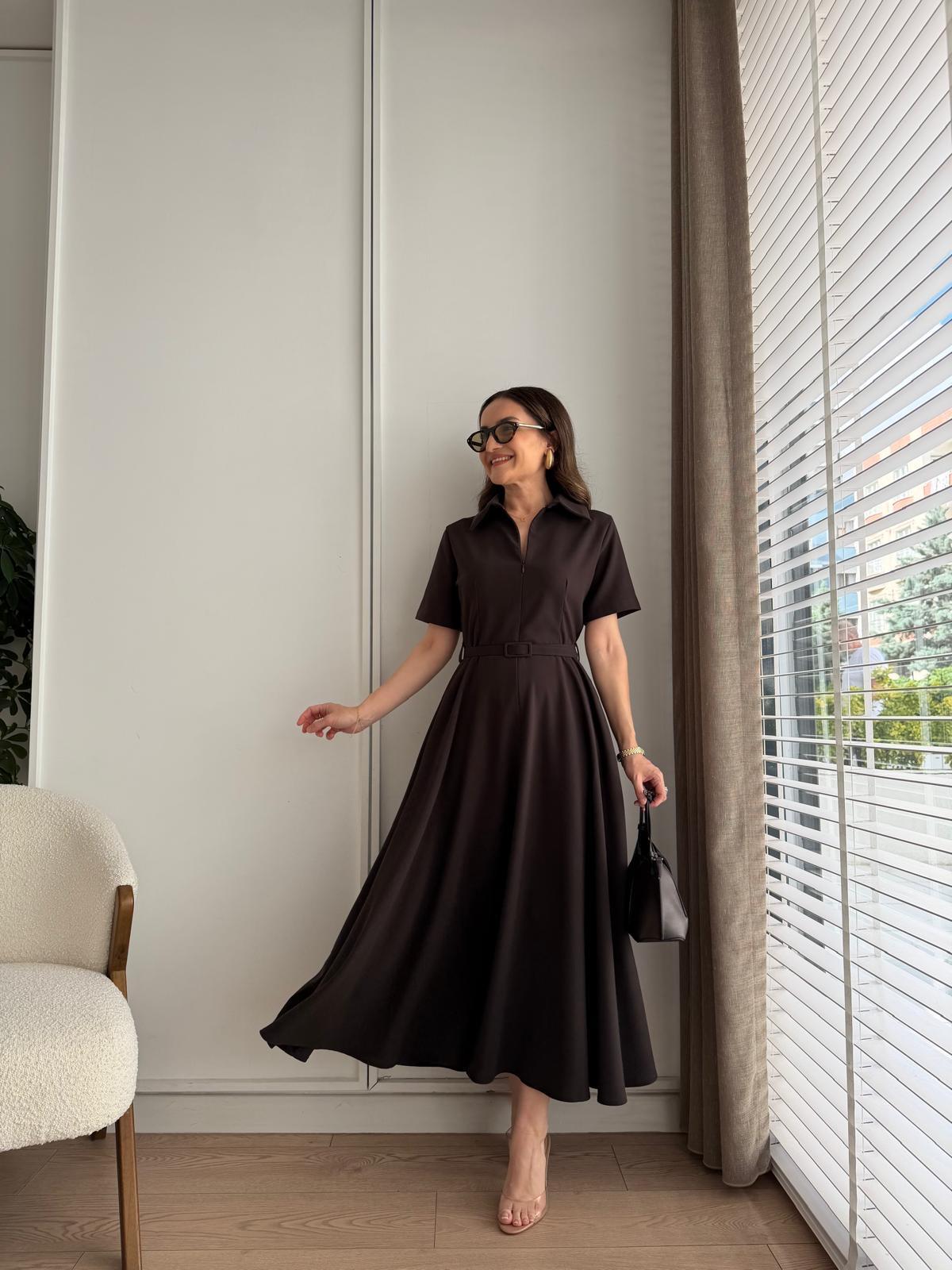 Kahve rengi Fermuarlı Kemerli Keten Elbise 2341