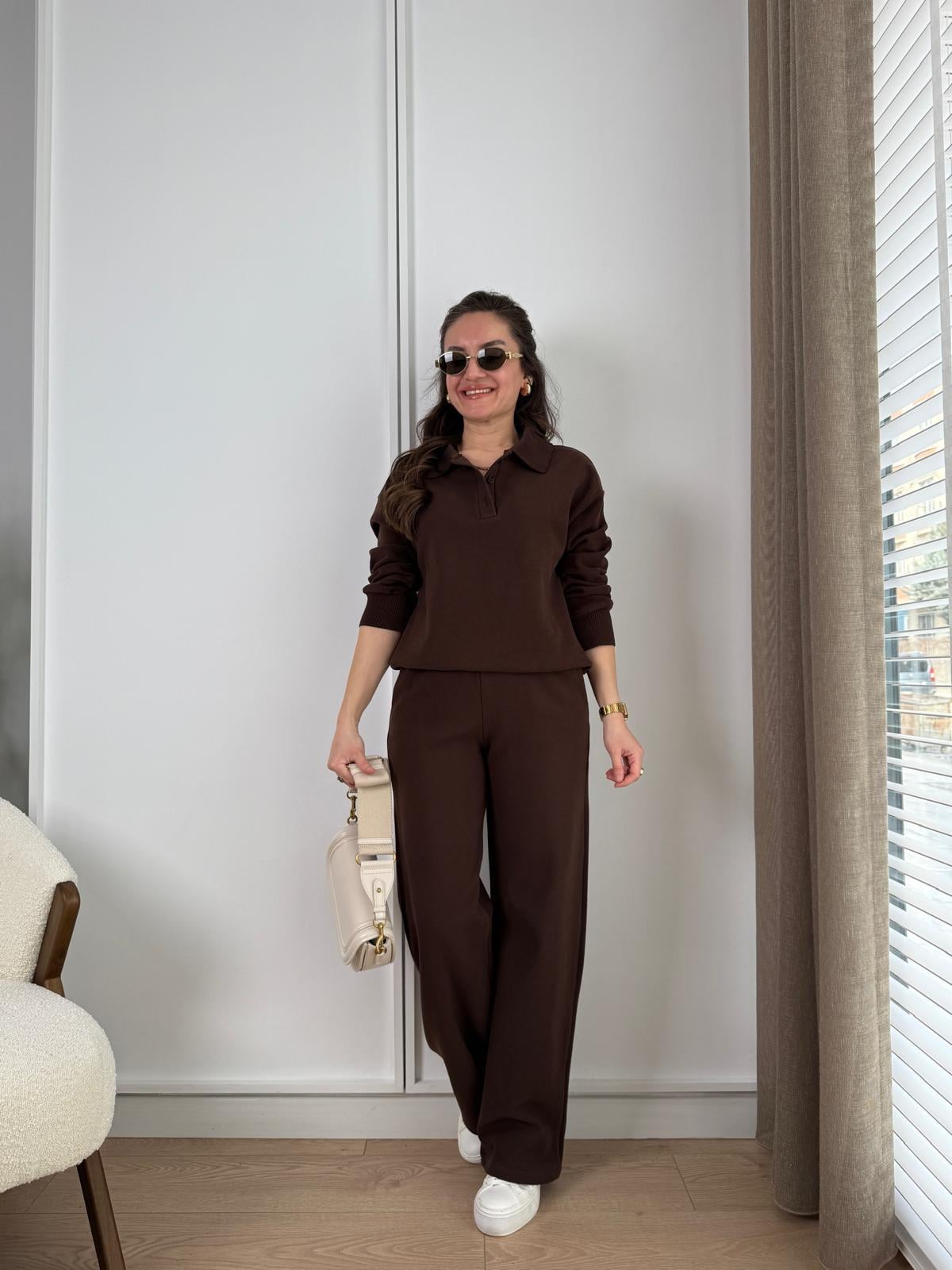 Kahve rengi Fitilli Polo Yaka Bol Paça Pantolon Takım 16528