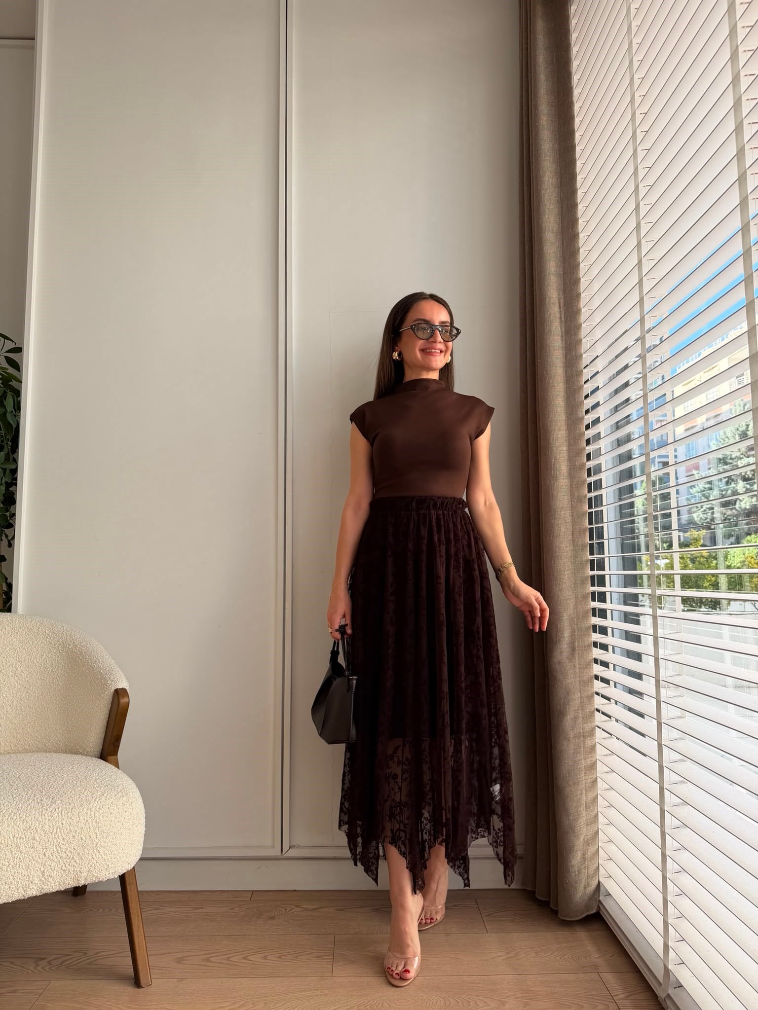 Kahve rengi Flok Baskılı Asimetrik Kesim Etek 22998