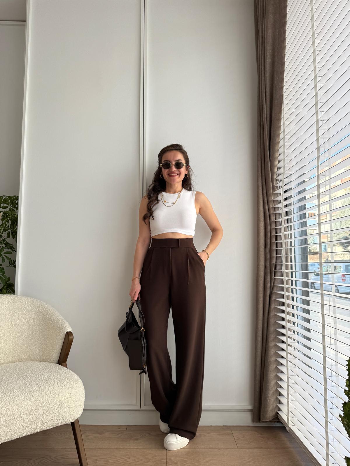 Kahve rengi Full Likralı Bel Detaylı Palazzo Pantolon 3826