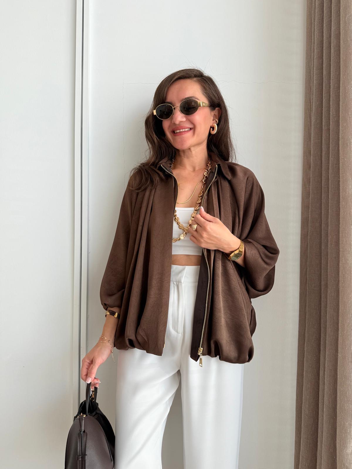 Kahve rengi Gold Fermuarlı Saten Bomber Ceket 9584