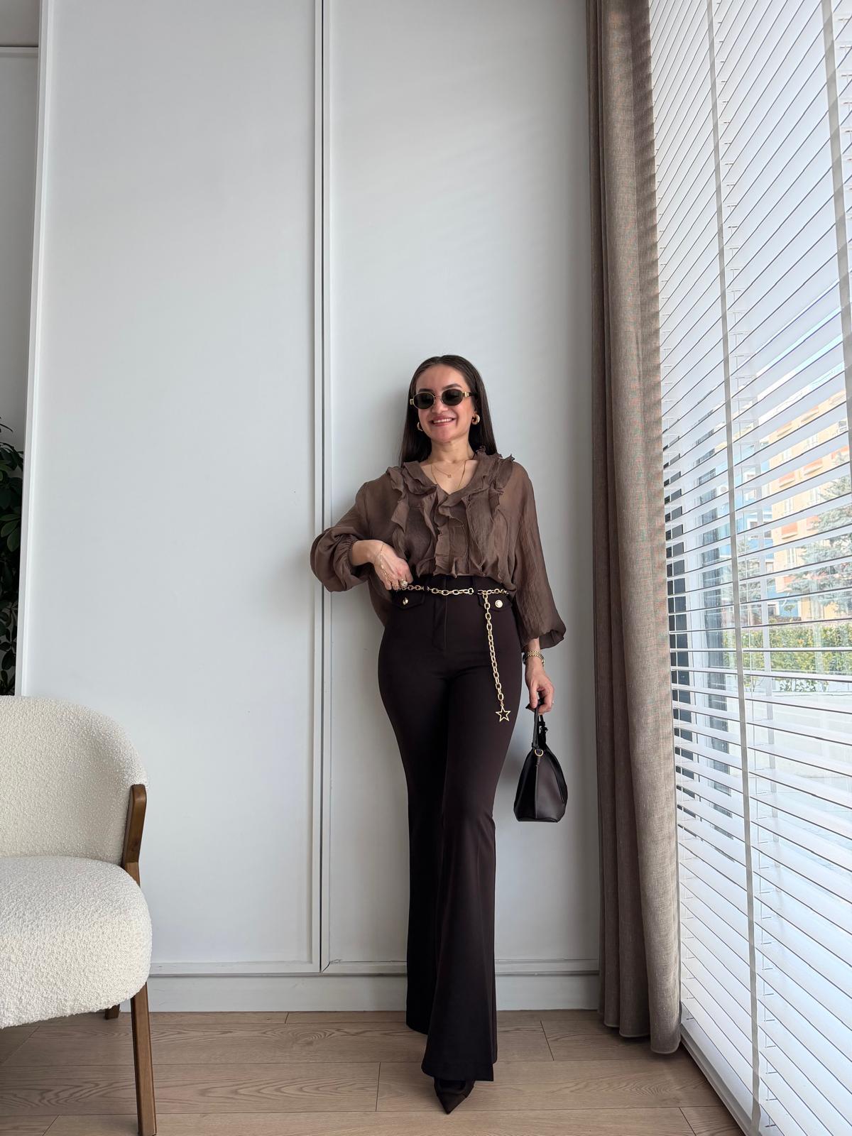 Kahve rengi Gold Kemerli İspanyol Paça Pantolon 37088