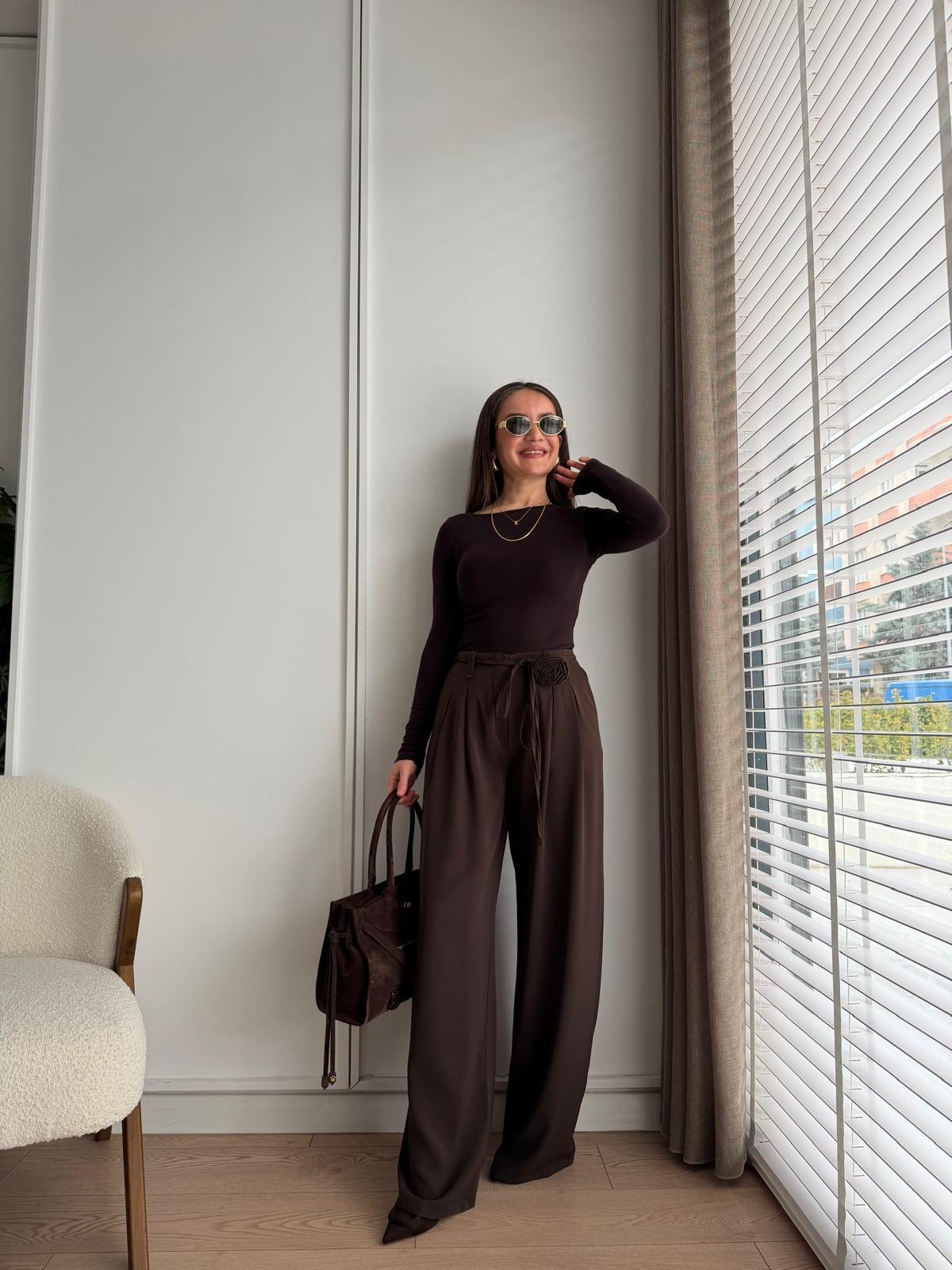 Kahve rengi Gül Broşlu Palazzo Pantolon 3902