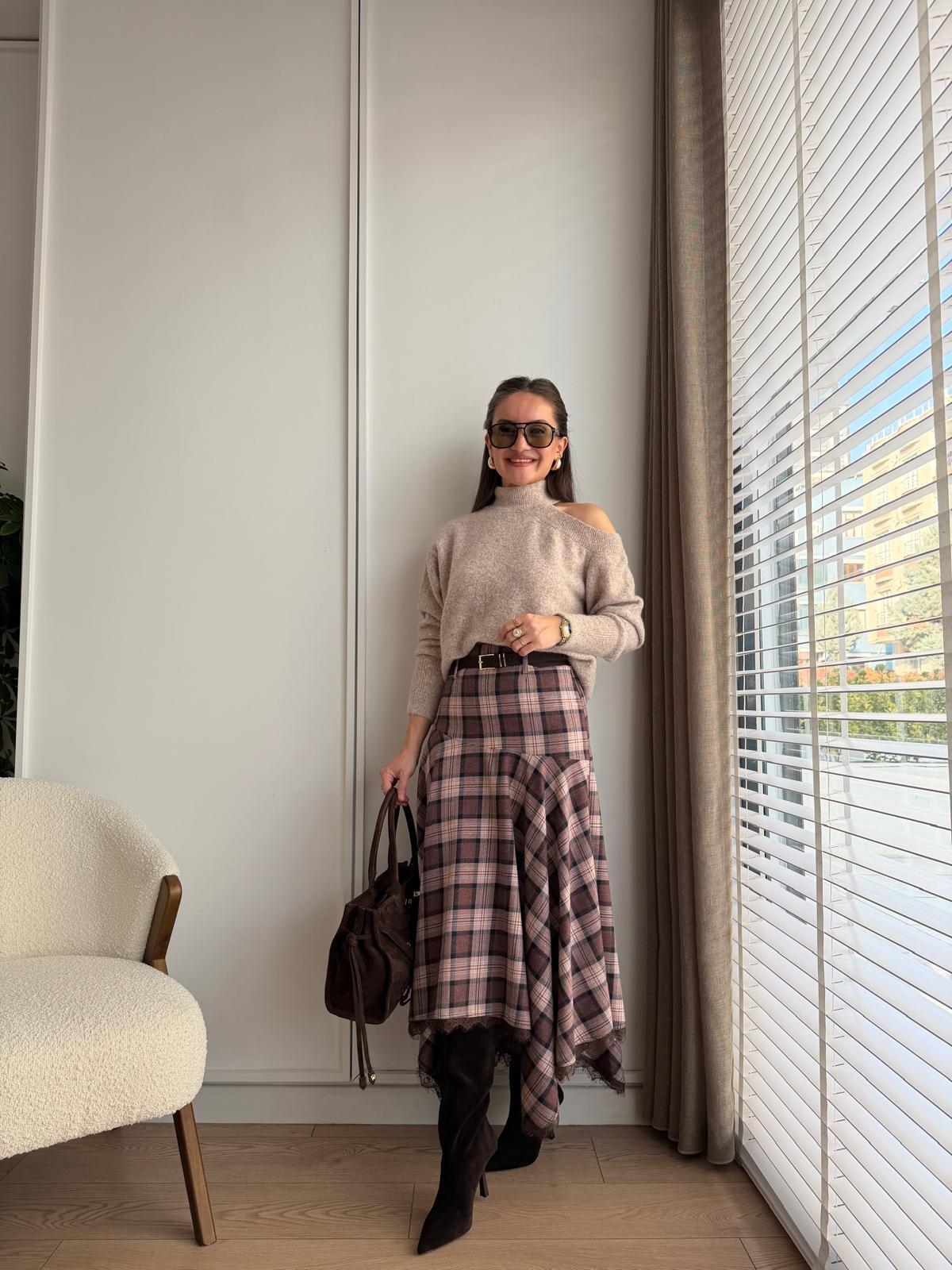 Kahve rengi Güpür Detaylı Ekose Etek 37198