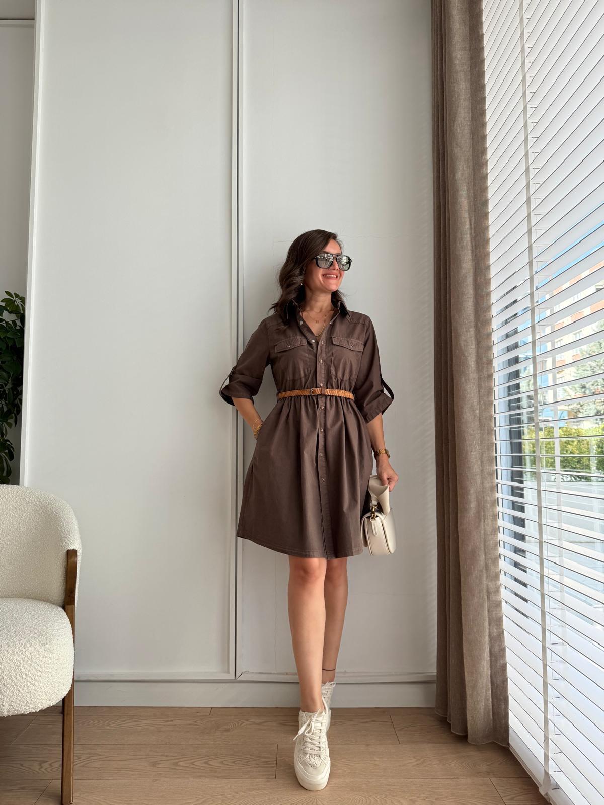 Kahve rengi Hasır Kemerli Çıtçıt Düğmeli Gömlek Elbise 3040