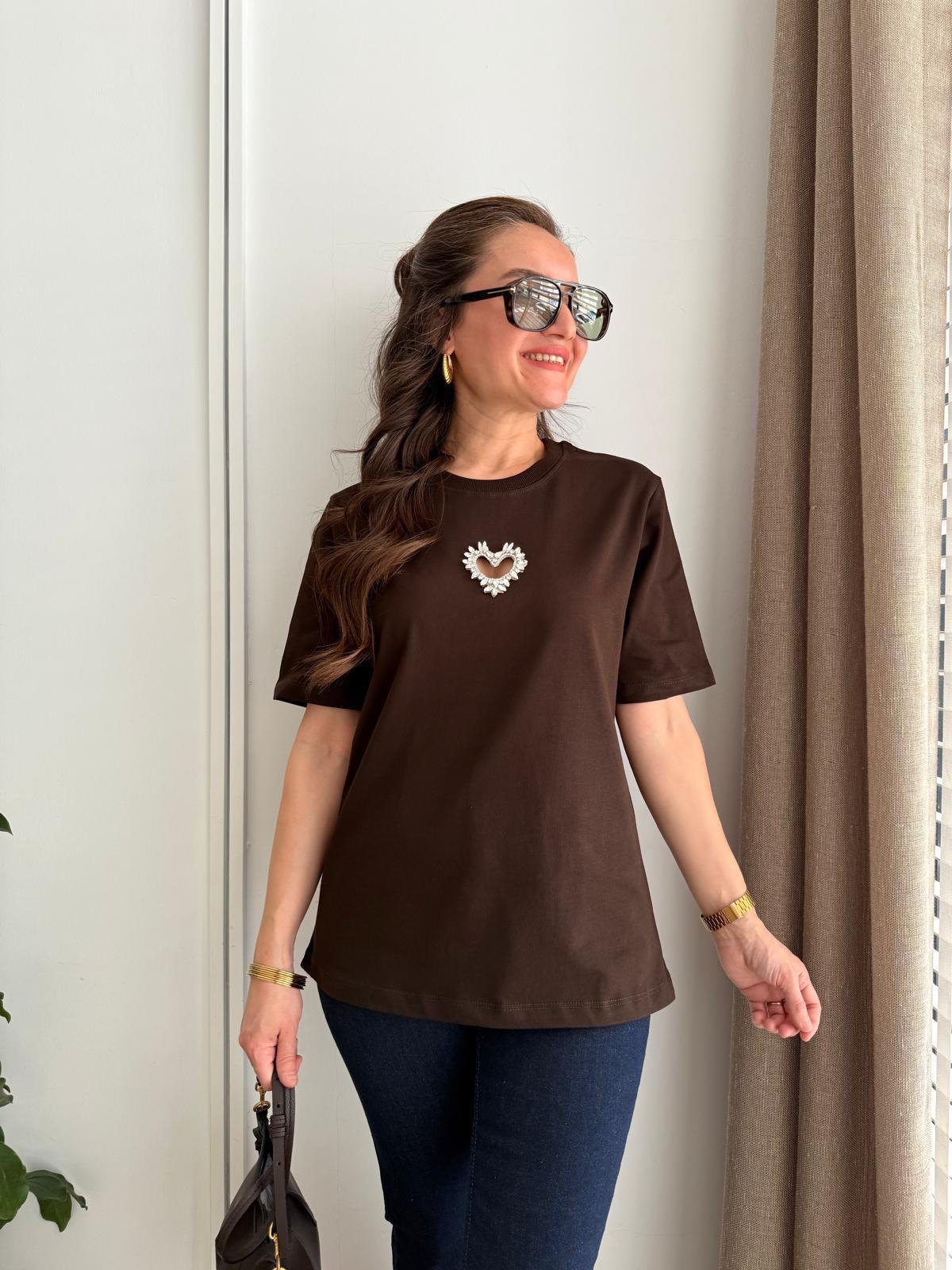 Kahve rengi Kalp Detaylı Tshirt 251058