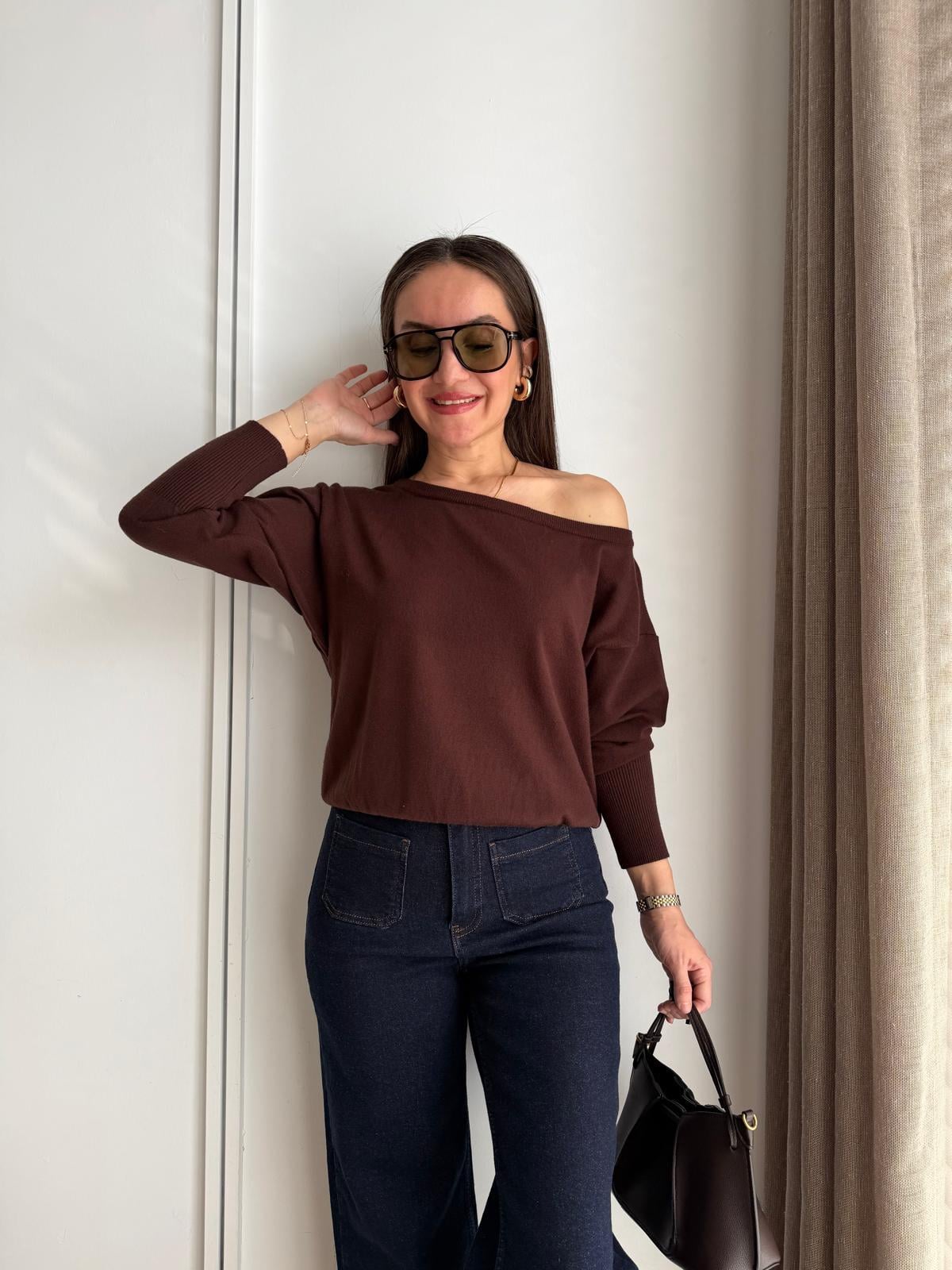 Kahve rengi Kayık Yaka Basic Kazak 2736