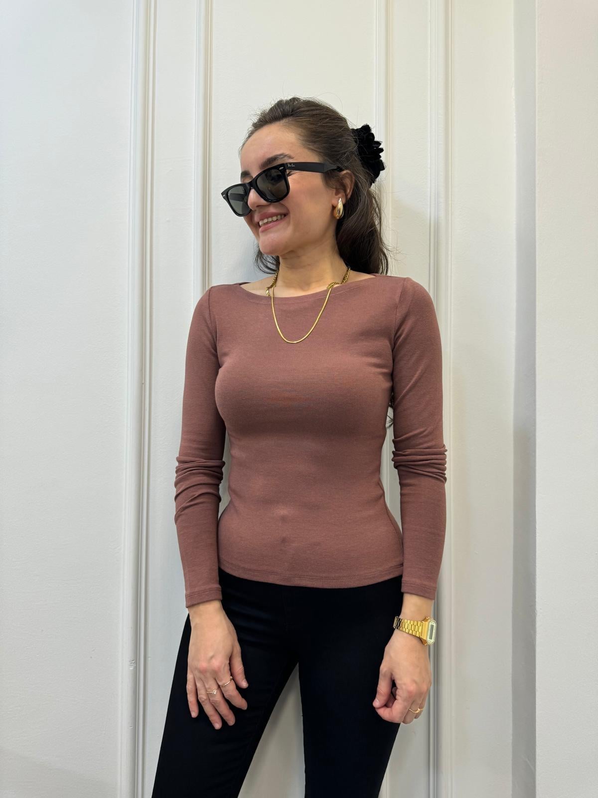 Kahve rengi Kayık Yaka Uzun Kollu Bluz 31332
