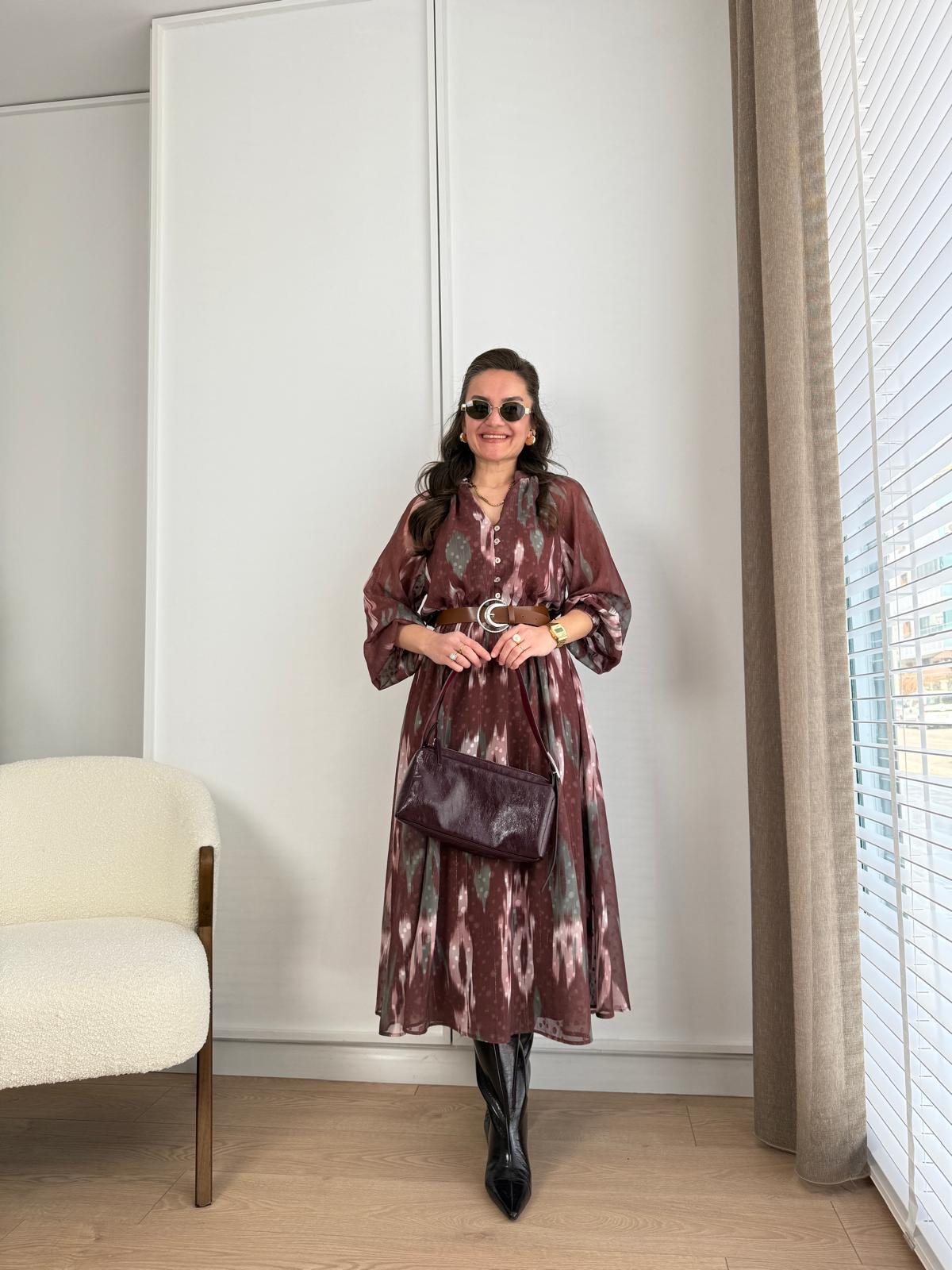 Kahve rengi Kemerli Astarlı Şifon Elbise 3003