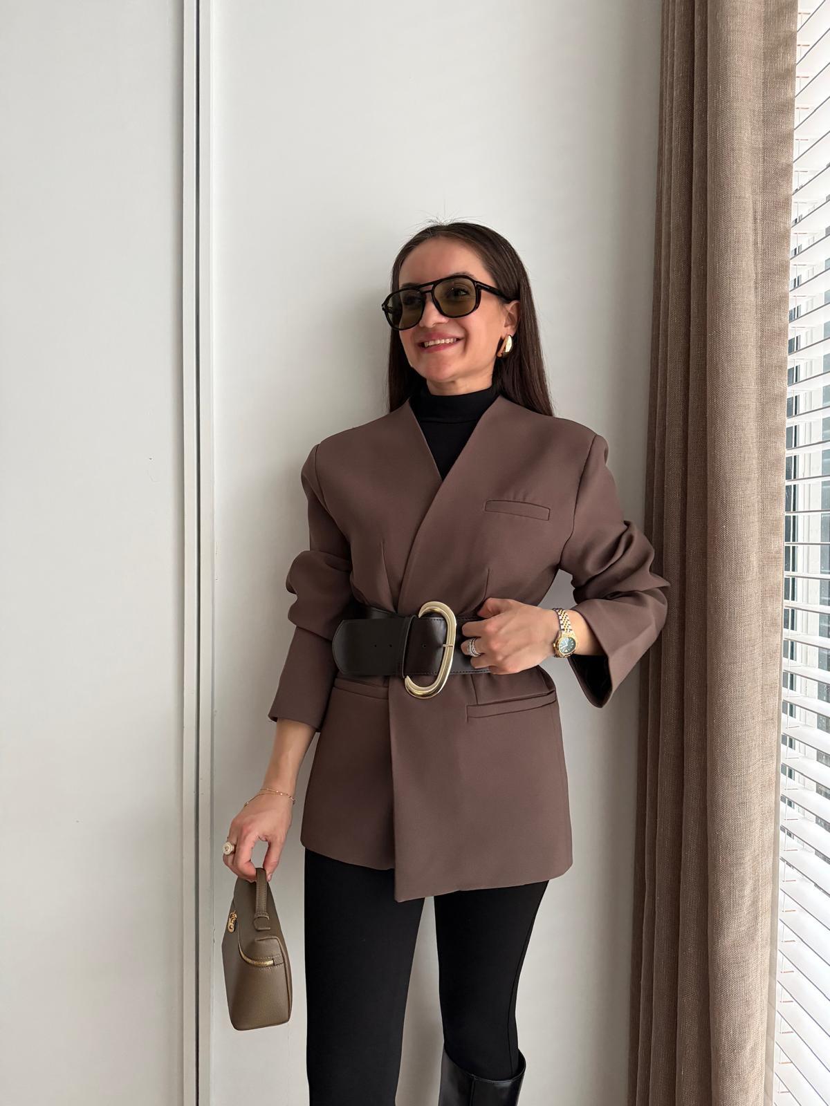 Kahve rengi Kemerli Atlas Blazer Ceket 9691