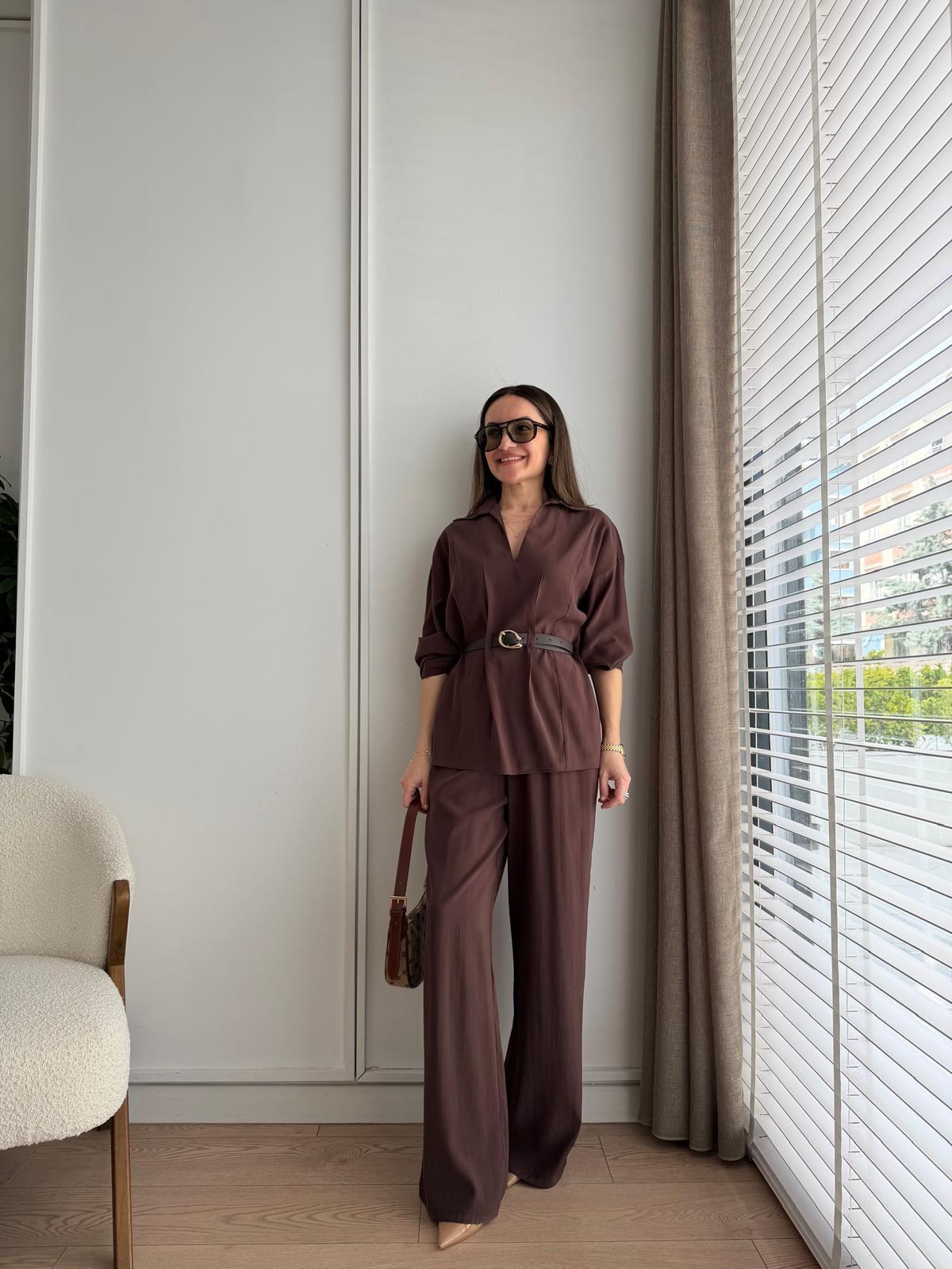 Kahve rengi Kemerli Bluz Pantolon Takım 58495