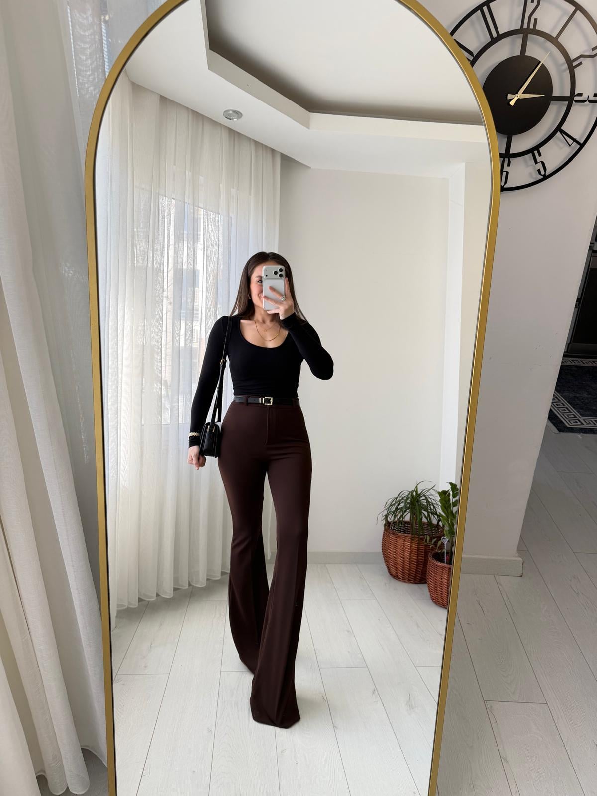 Kahve rengi Kemerli İspanyol Paça Kumaş Pantolon 2076