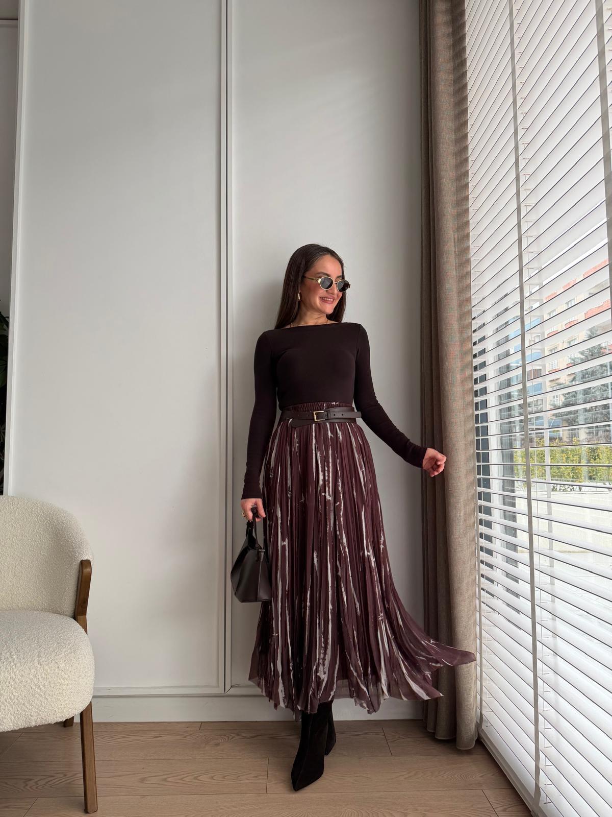 Kahve rengi Kemerli Parçalı Şifon Etek 3369