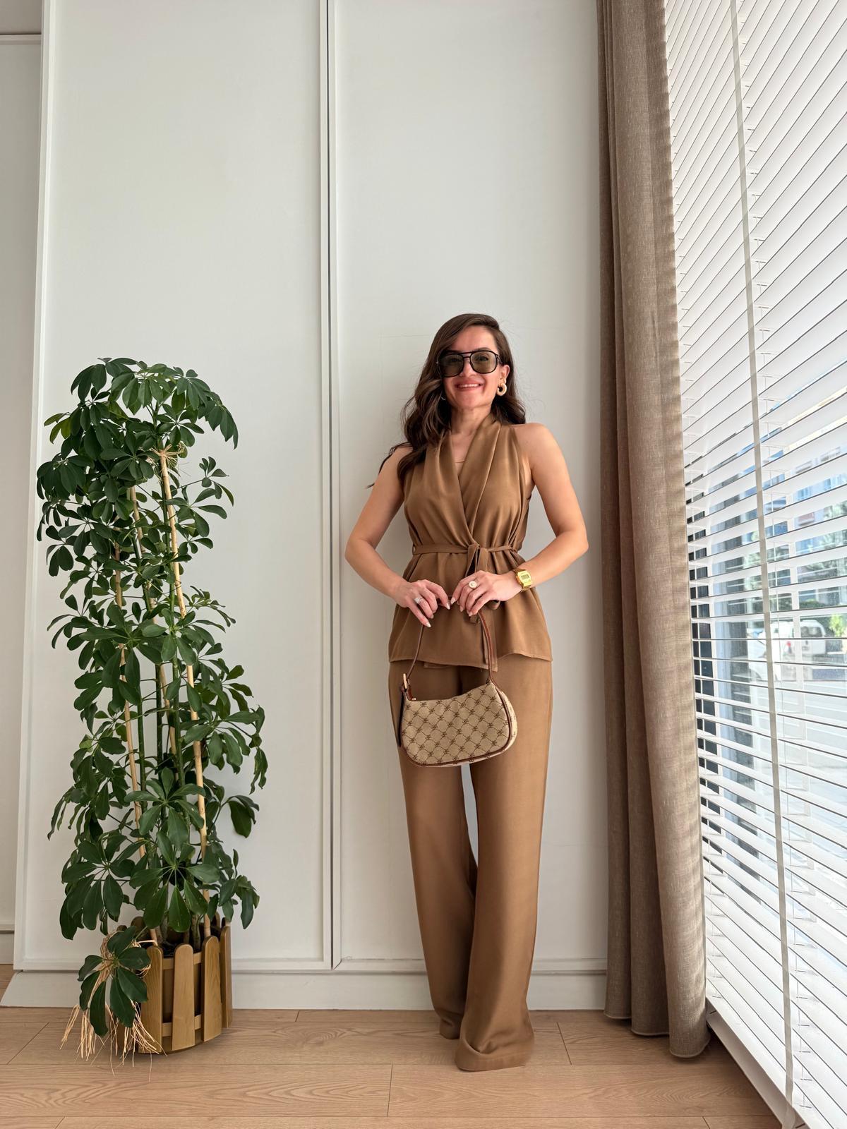 Kahve rengi Keten Bağlamalı Yelek Pantolon Takım 0243