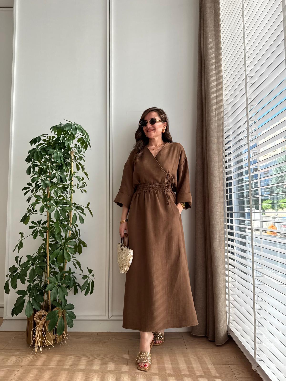 Kahve rengi Keten Kimono Etek Takım 8717