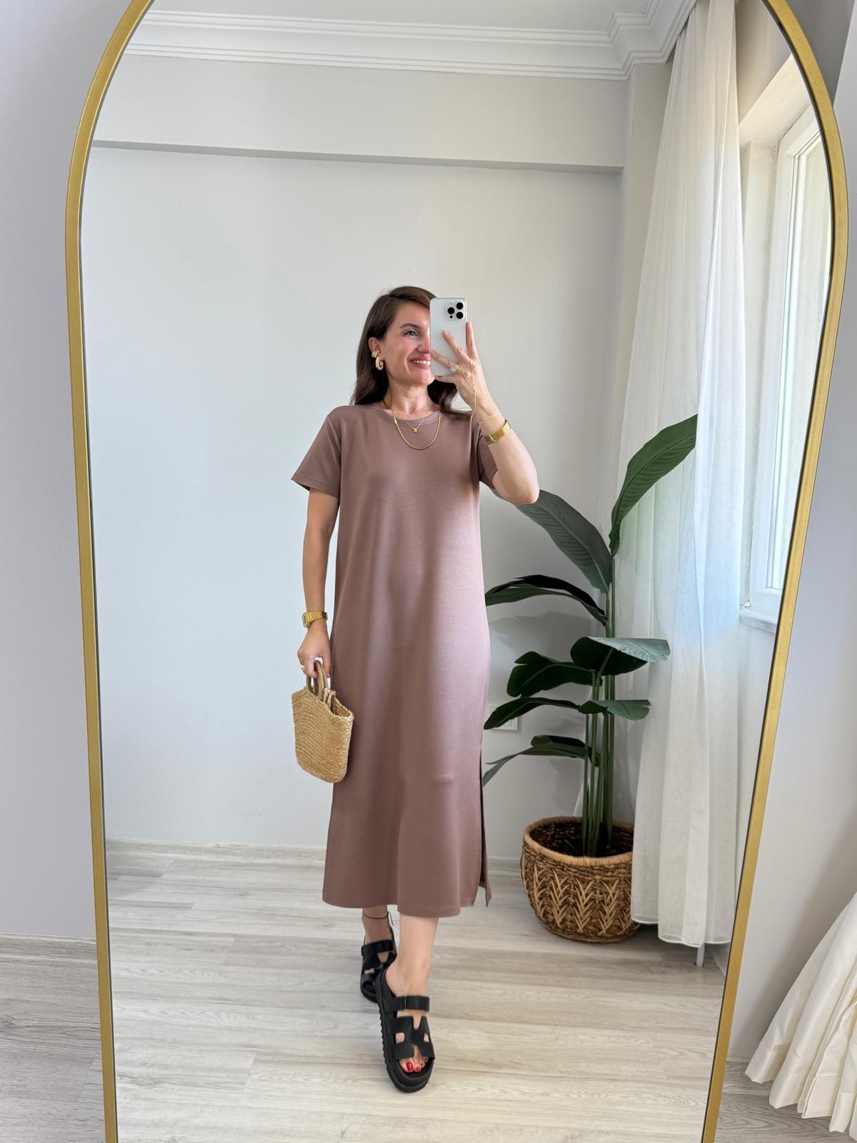 Kahve rengi Kısa Kol Yırtmaçlı Modal Elbise 4512