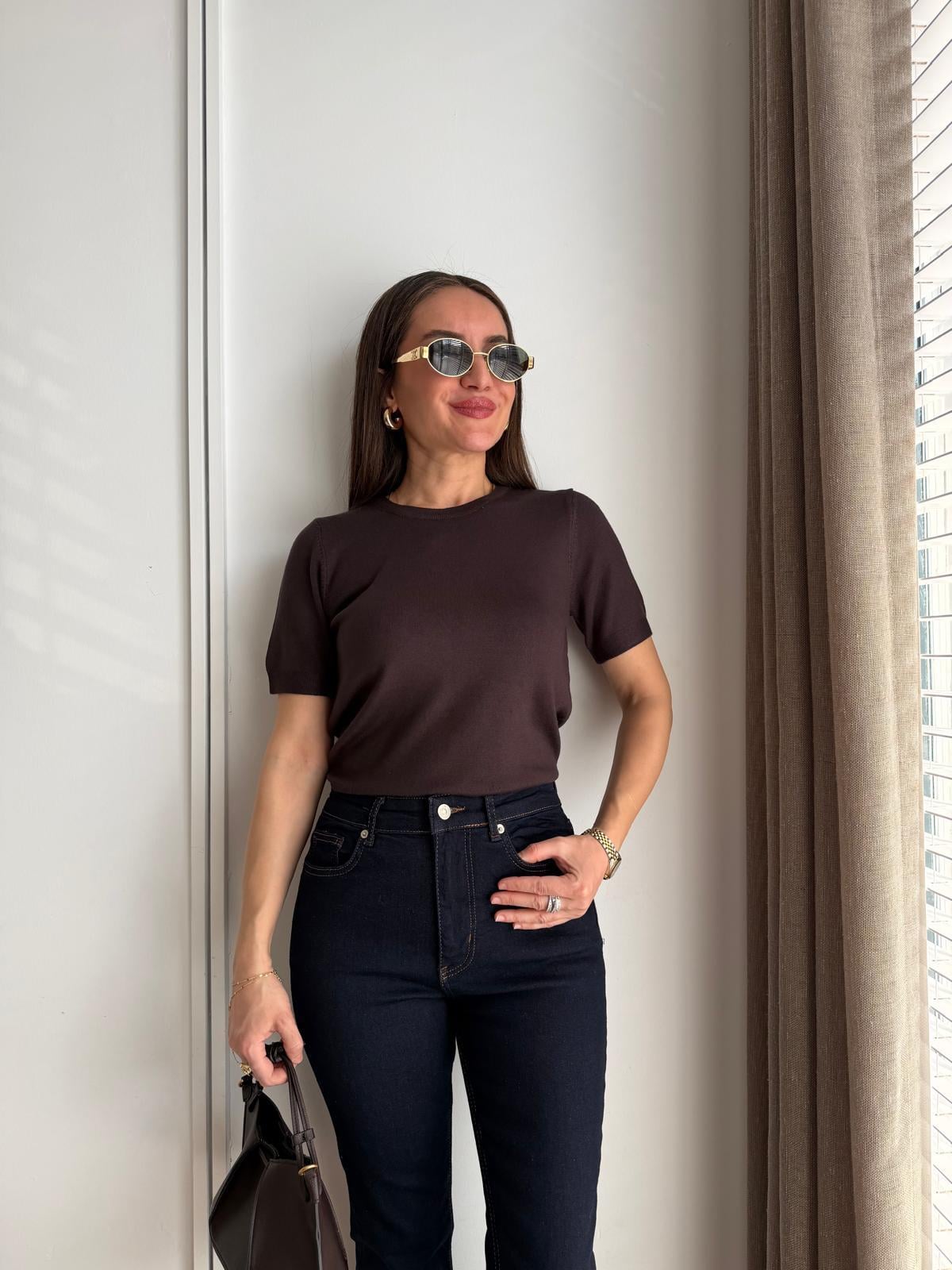 Kahve rengi Kısa Kollu Basic Triko Bluz 10779
