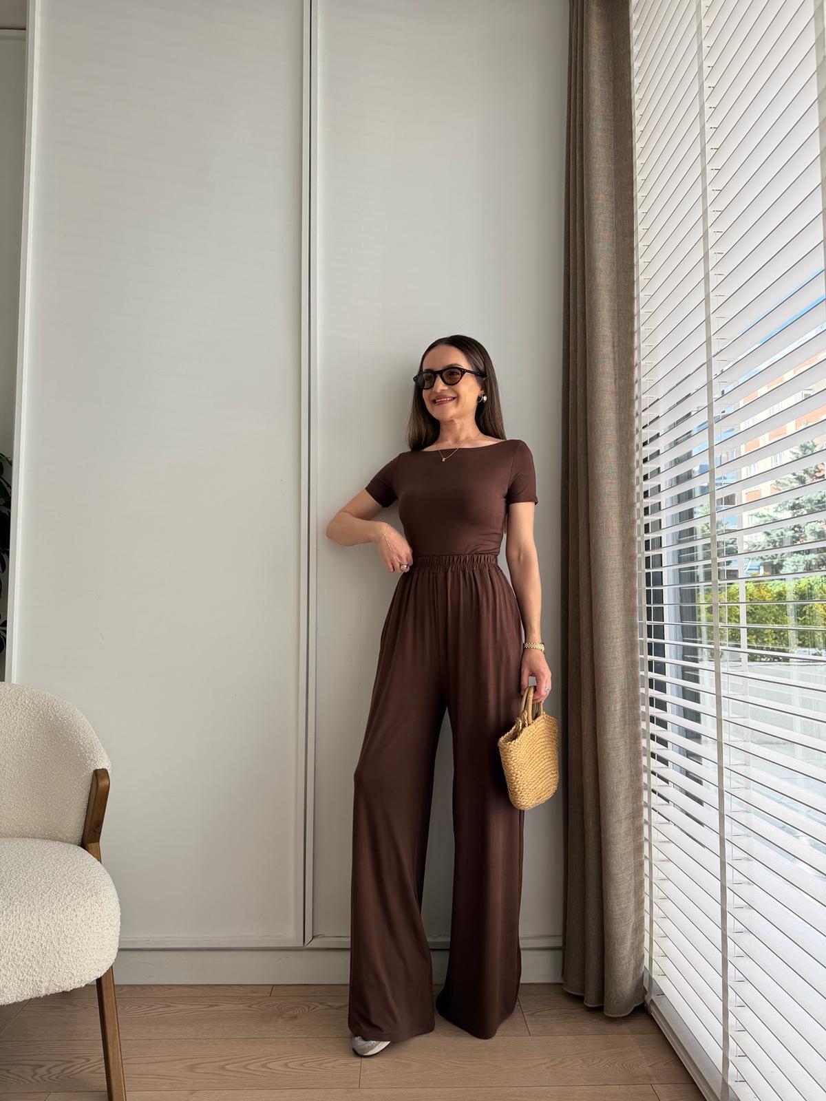 Kahve rengi Kısa Kollu Bluz Pantolon Modal Takım 251060
