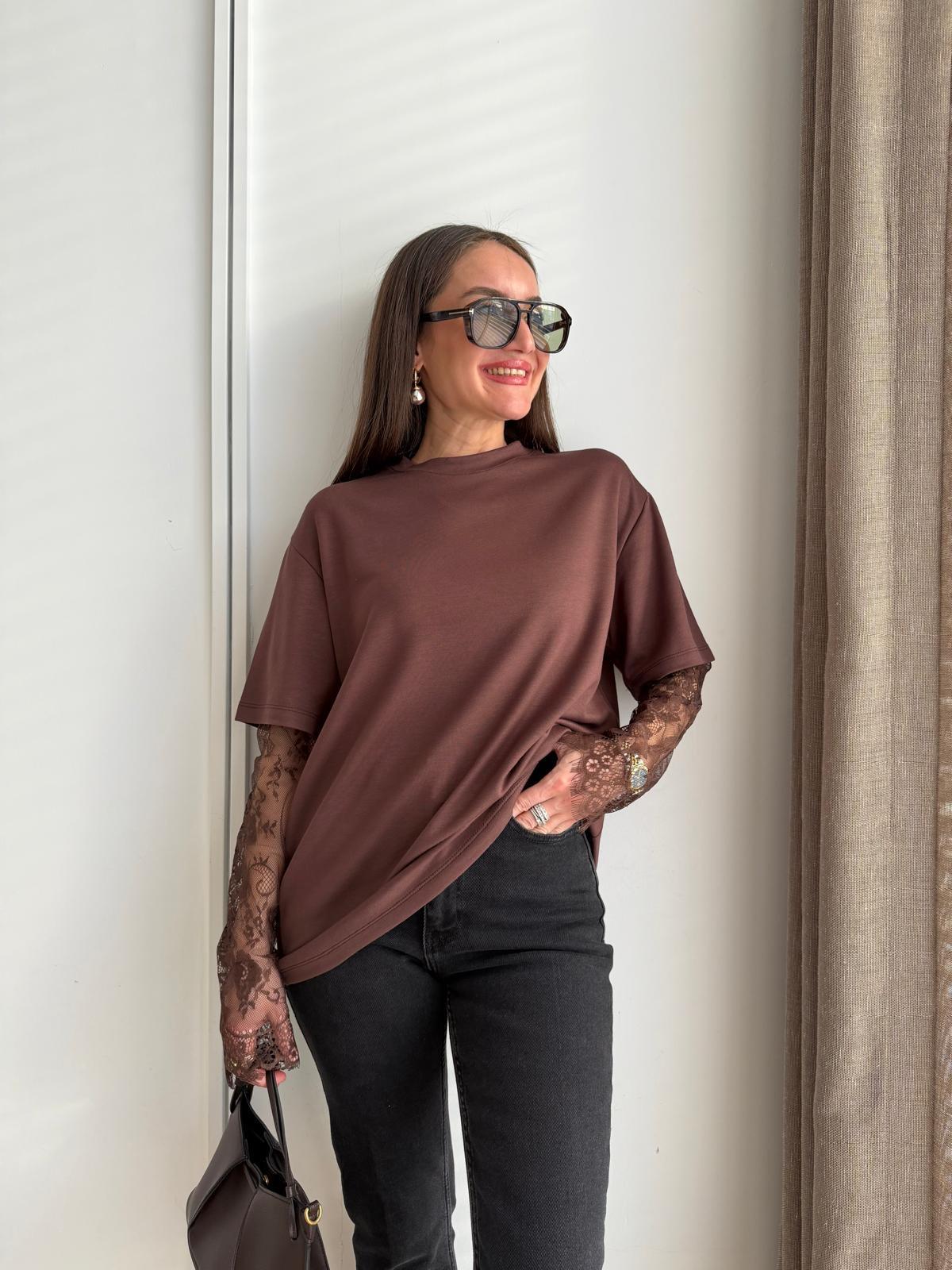 Kahve rengi Kol Dantel Detaylı Tshirt 1049