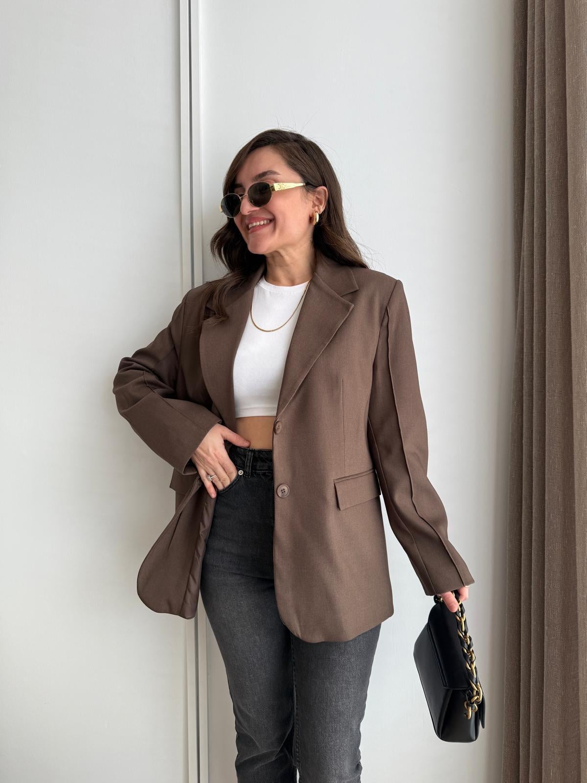 Kahve rengi Kol Dikiş Detaylı Düğmeli Blazer Ceket 7450