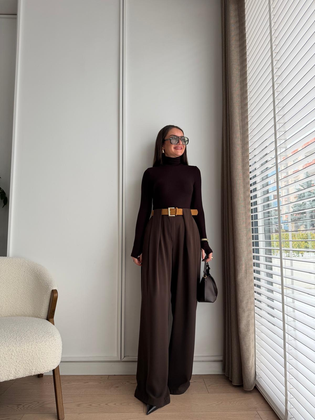 Kahve rengi Köprü Detaylı Kemerli Palazzo Pantolon 3855