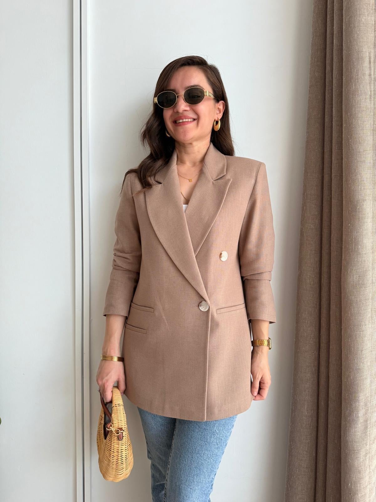 Kahve rengi Kruvaze Yaka Cep Detaylı Blazer Ceket 6255