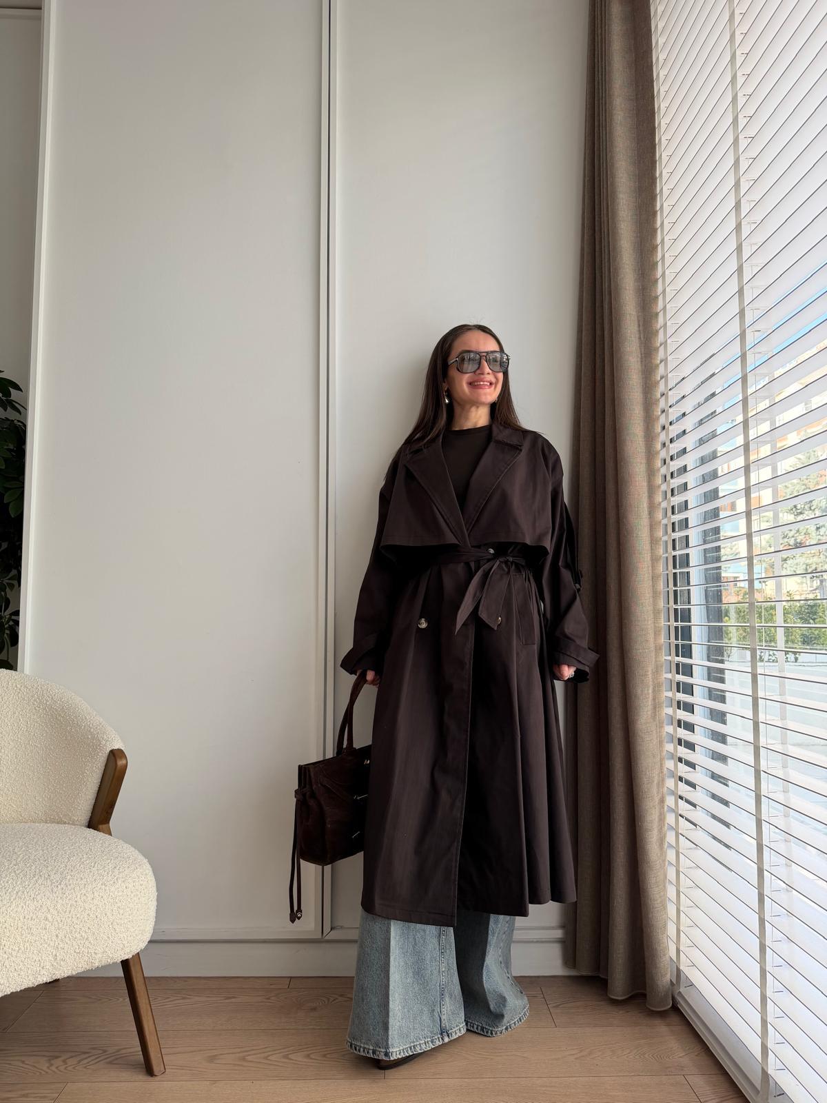 Kahve rengi Kruvaze Yaka Oversize Trençkot 6340