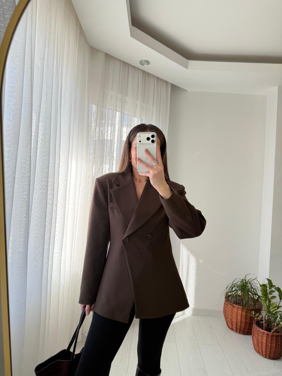 Kahve rengi Kruvaze Yaka Vatkalı Blazer Ceket 7685