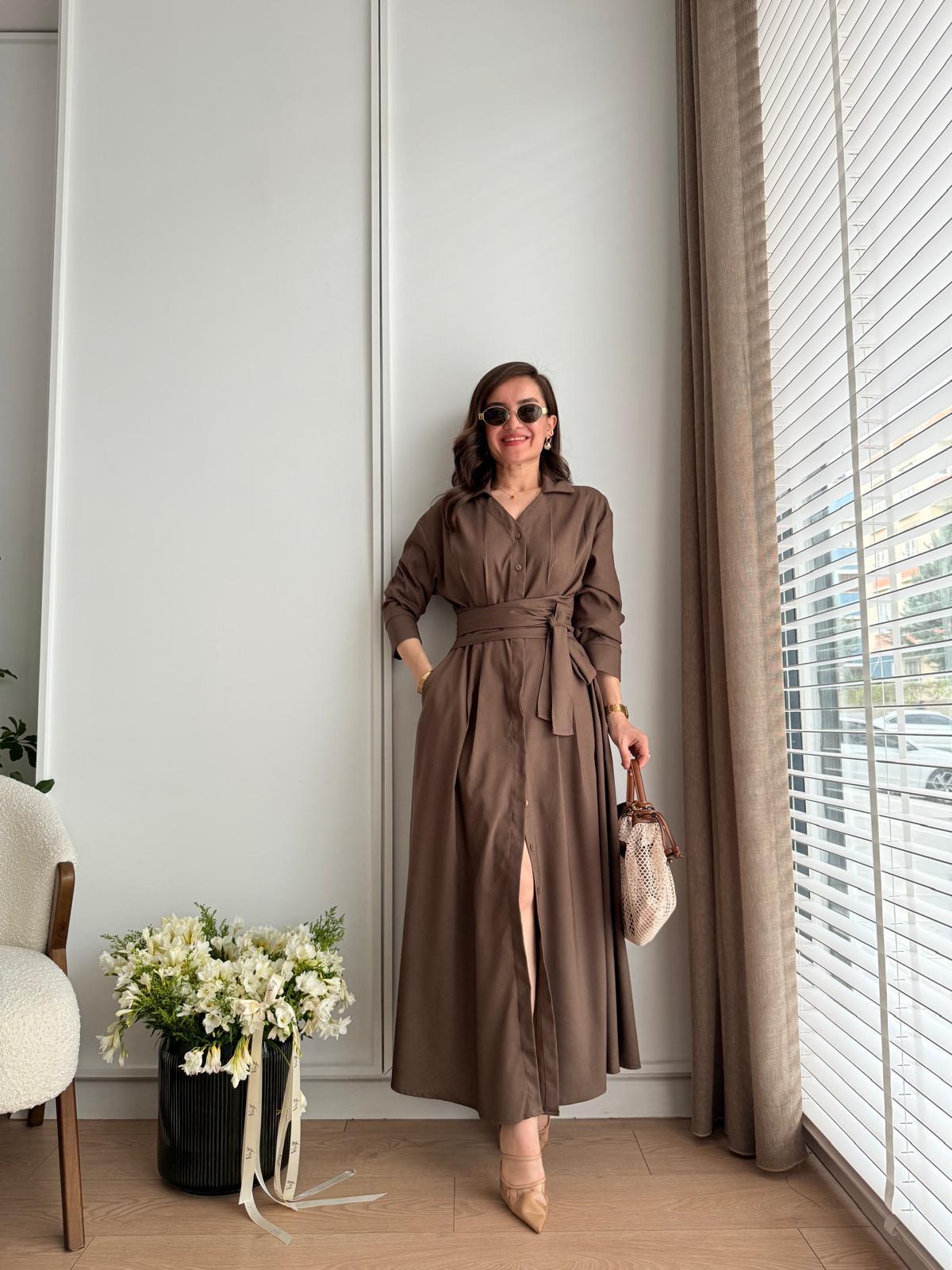 Kahve rengi Kuşak Bağlama Detaylı Gömlek Elbise 2272