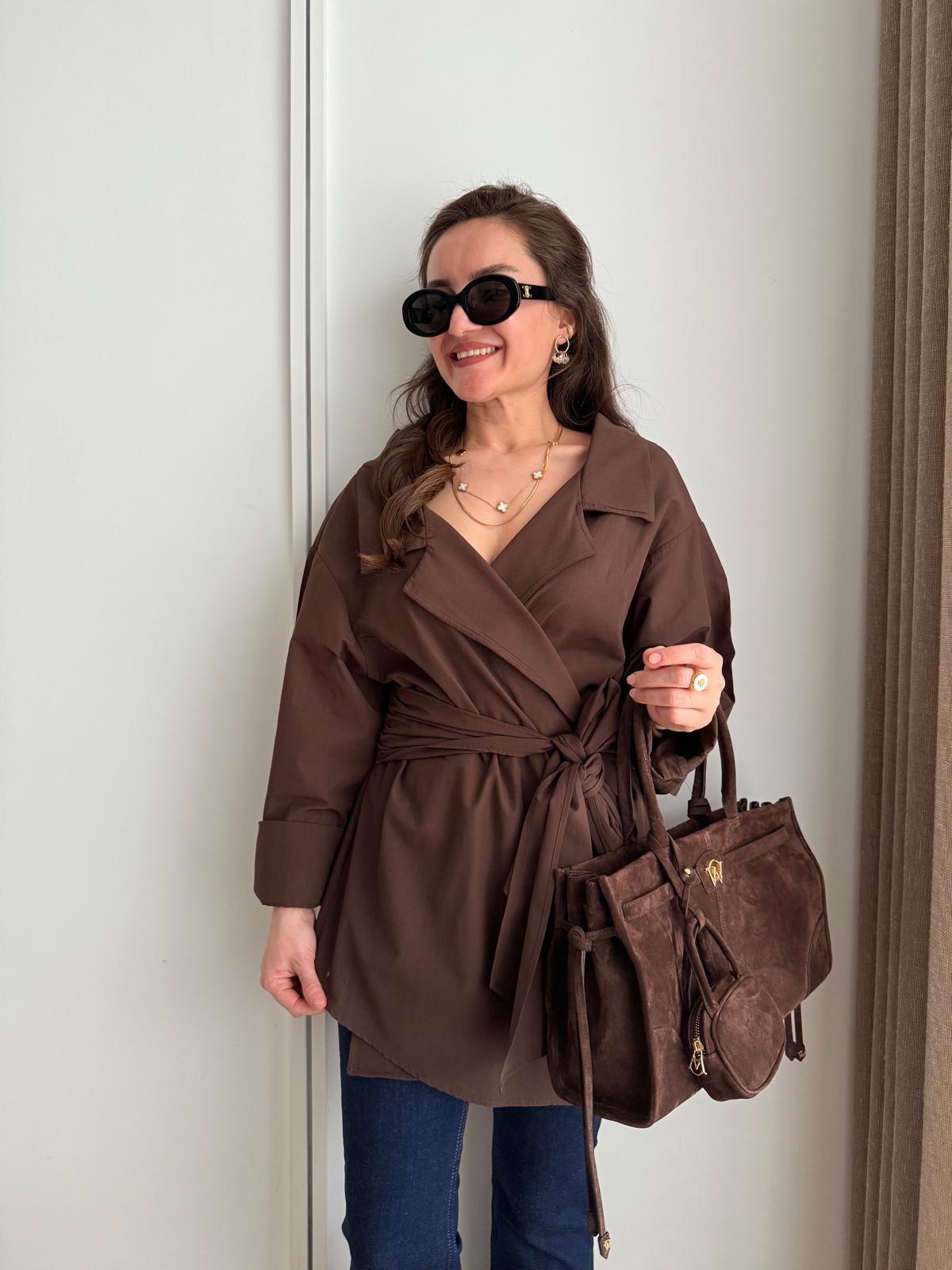 Kahve rengi Kuşak Detaylı Poplin Gömlek 3164