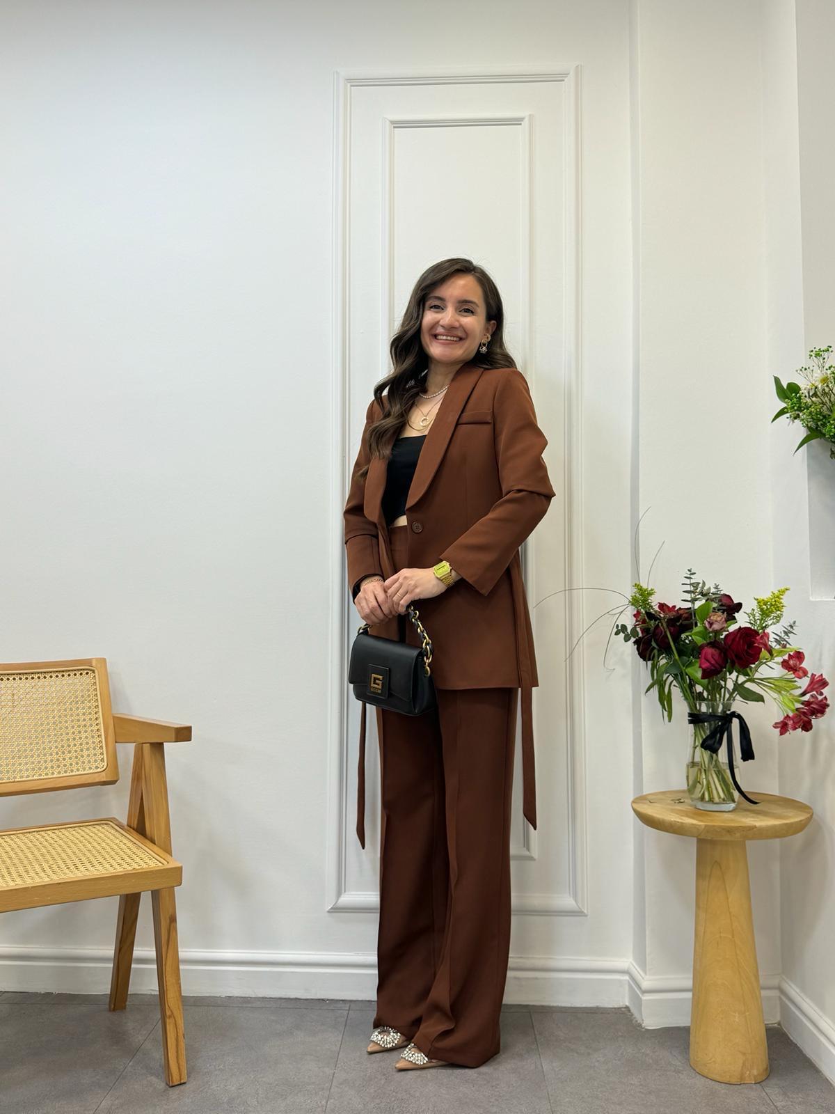Kahve rengi Kuşaklı Blazer Pantolon Takım 3058
