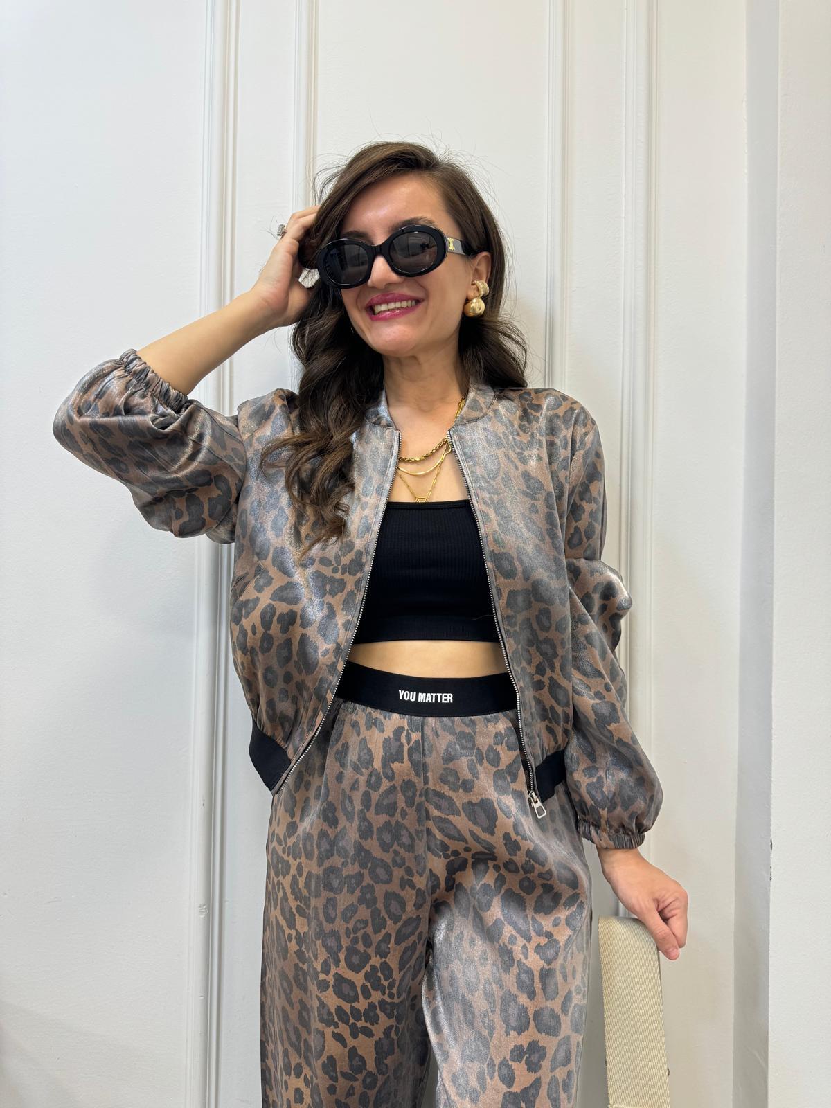 Kahve rengi Leopar Desen Cepli Bel Lastikli Ceket 0038