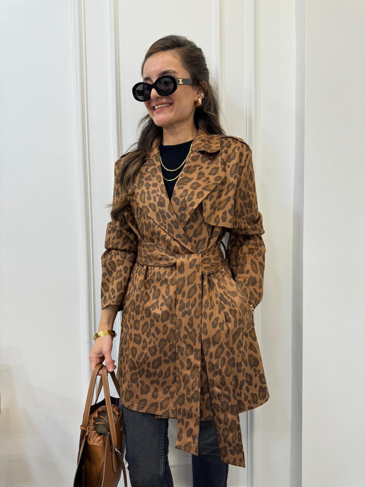 Kahve rengi Leopar Desen Kuşaklı Cepli Trençkot 35460