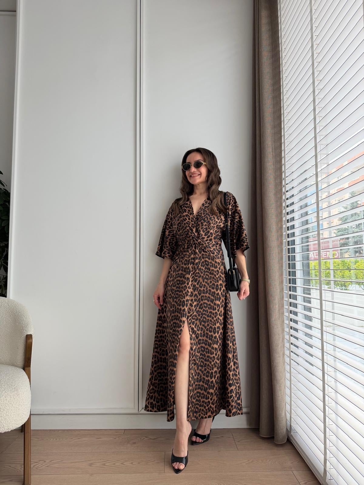 Kahve rengi Leopar Desen Ön Düğüm Detaylı Elbise 261651