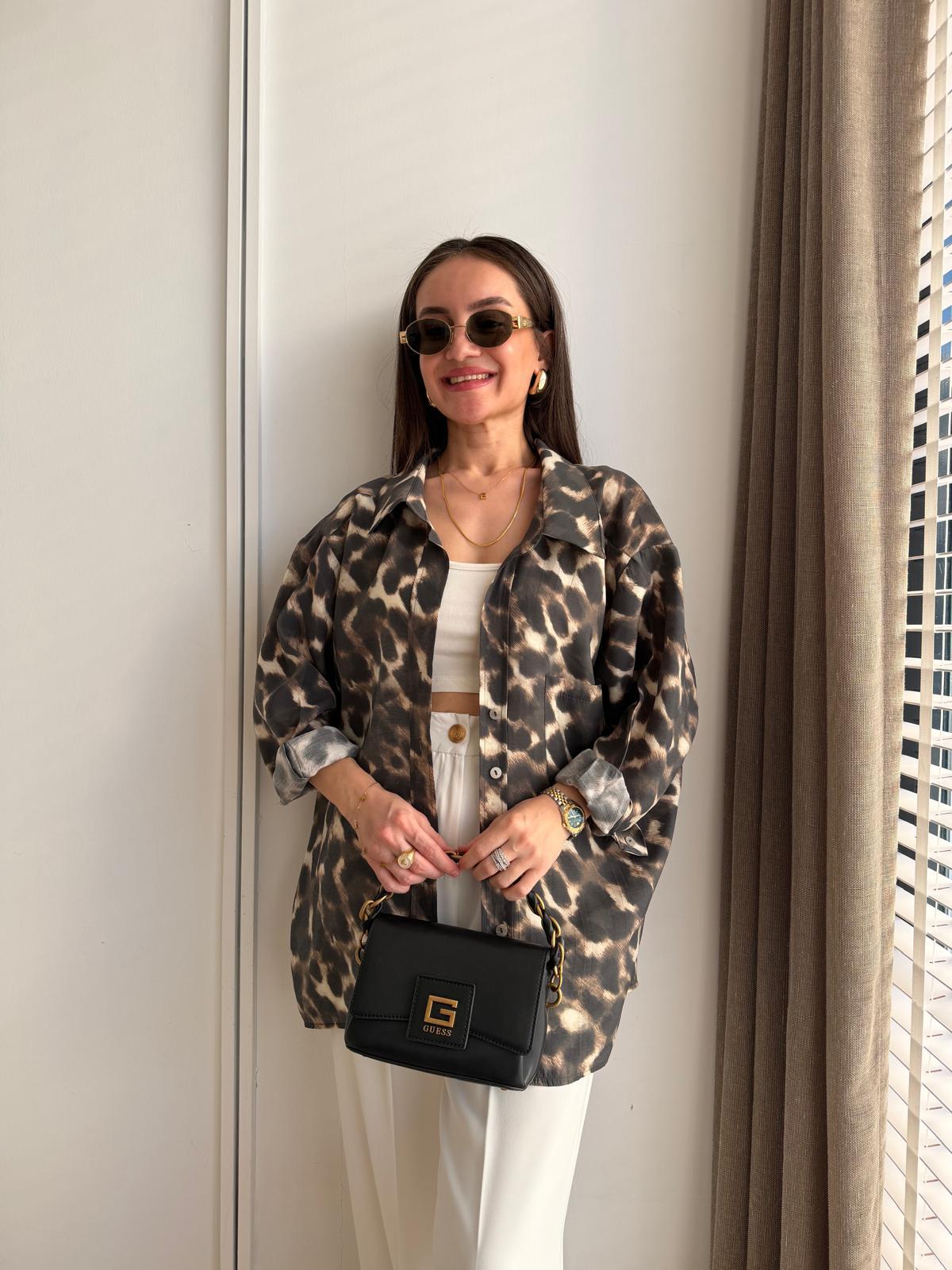 Kahve rengi Leopar Desen Oversize Gömlek 5027